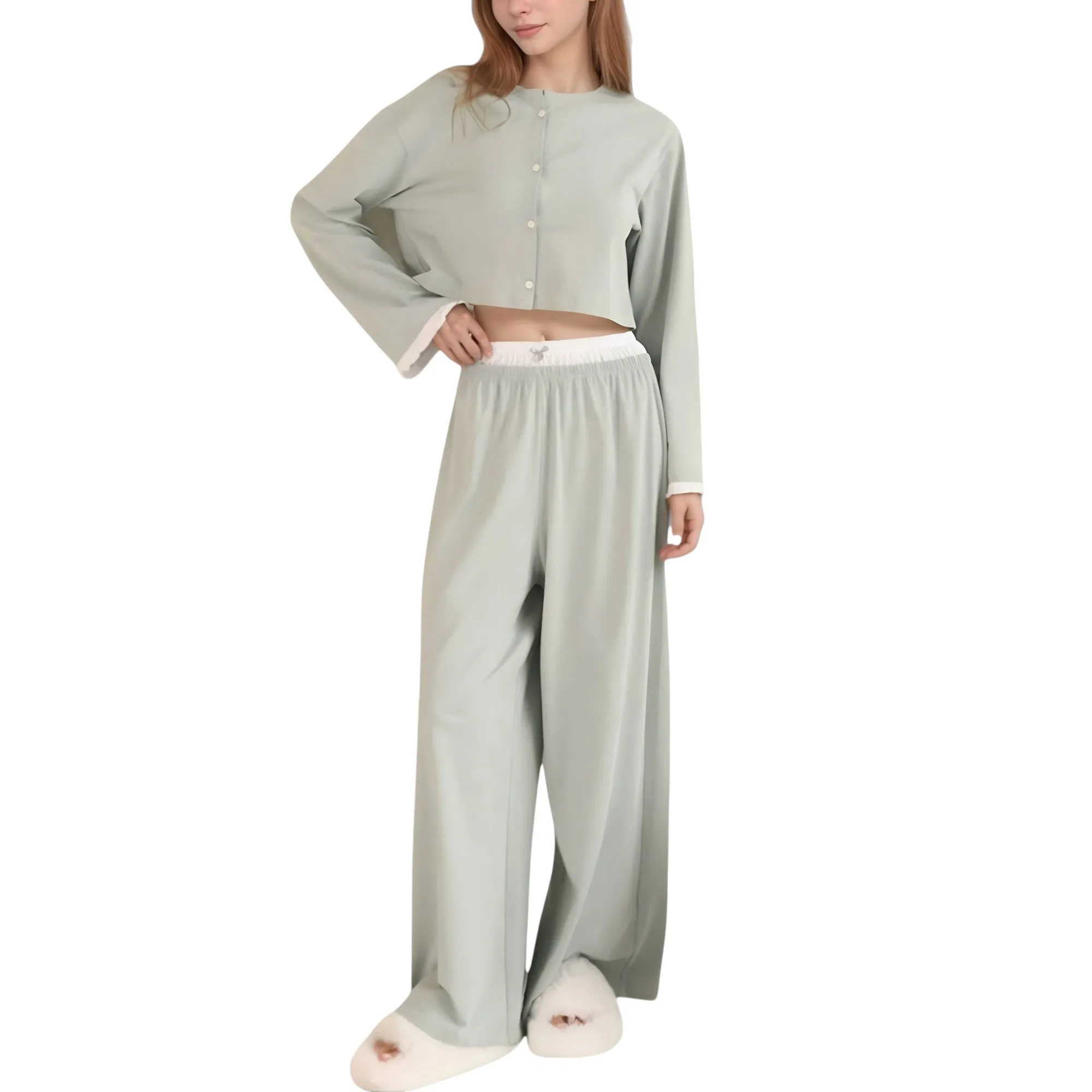 Anna-Kaci Lounge Women's Cropped Button-Up Long Sleeve Pajama Set with Contrast Trim and Wide Leg Pants sold by Anna-Kaci