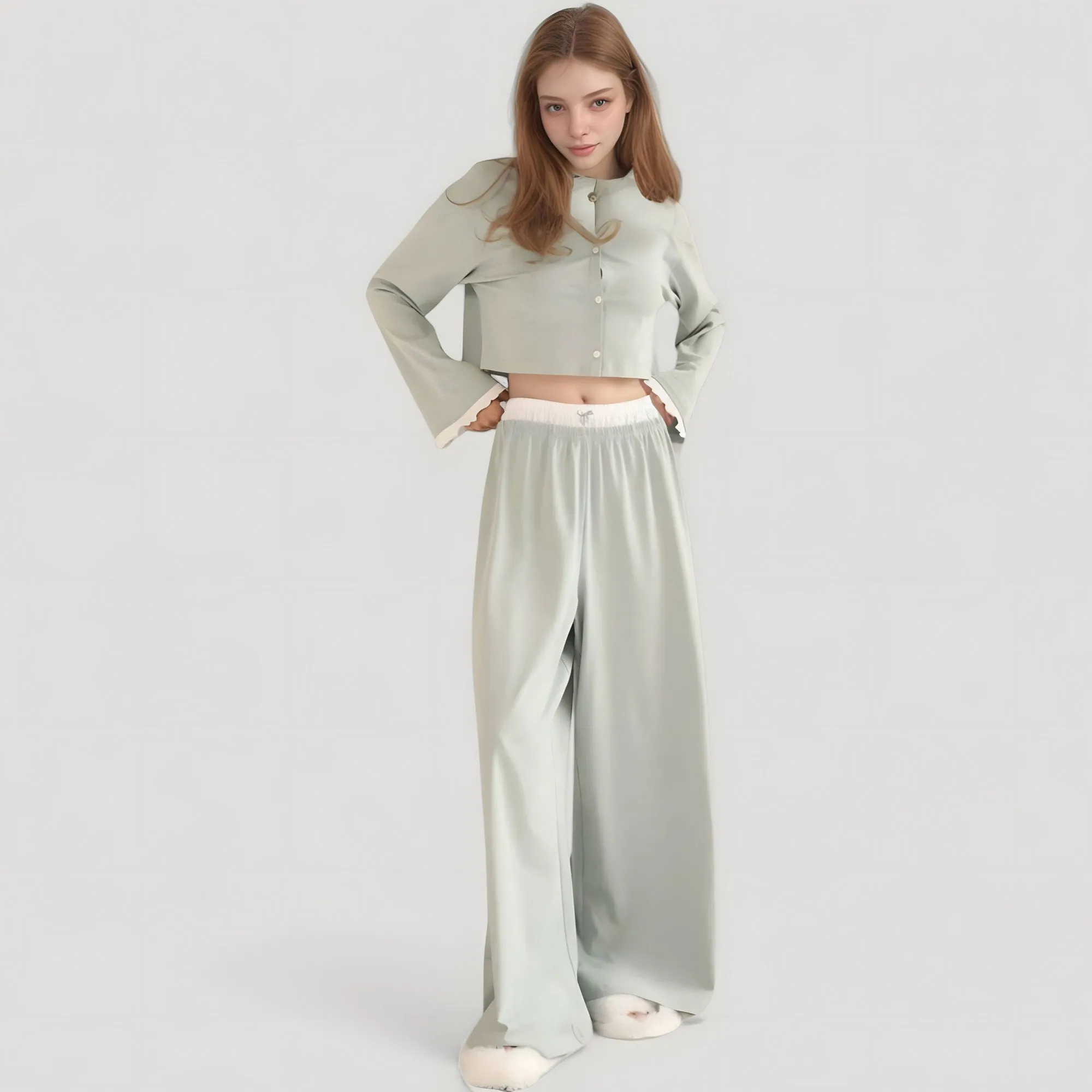 Anna-Kaci Lounge Women's Cropped Button-Up Long Sleeve Pajama Set with Contrast Trim and Wide Leg Pants sold by Anna-Kaci product image thumbnail 2