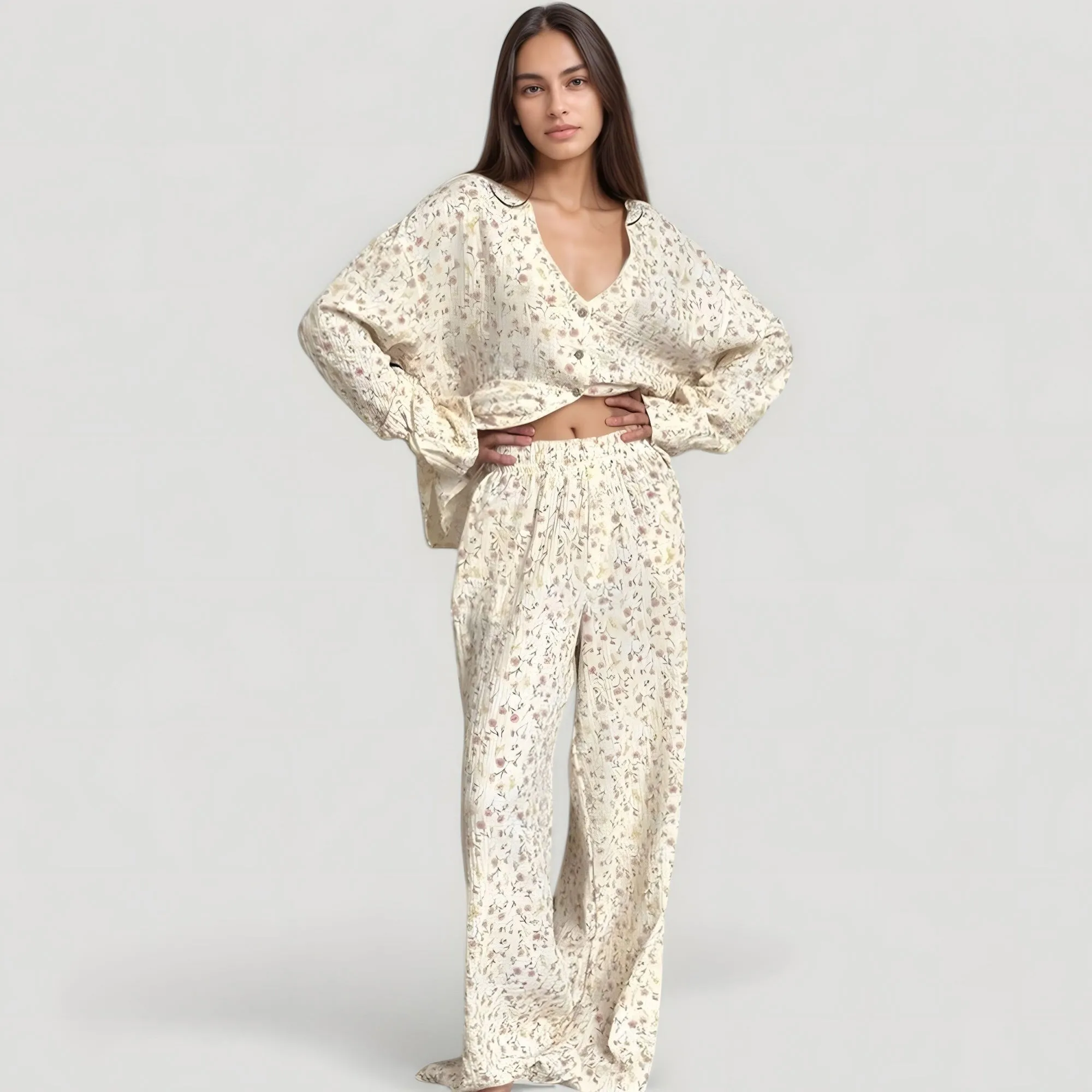 Anna-Kaci Lounge Women's Floral Print Woven Pajama Set with V-Neck Button Down Top and Wide Leg Elastic Waist Pants sold by Anna-Kaci product image thumbnail 2