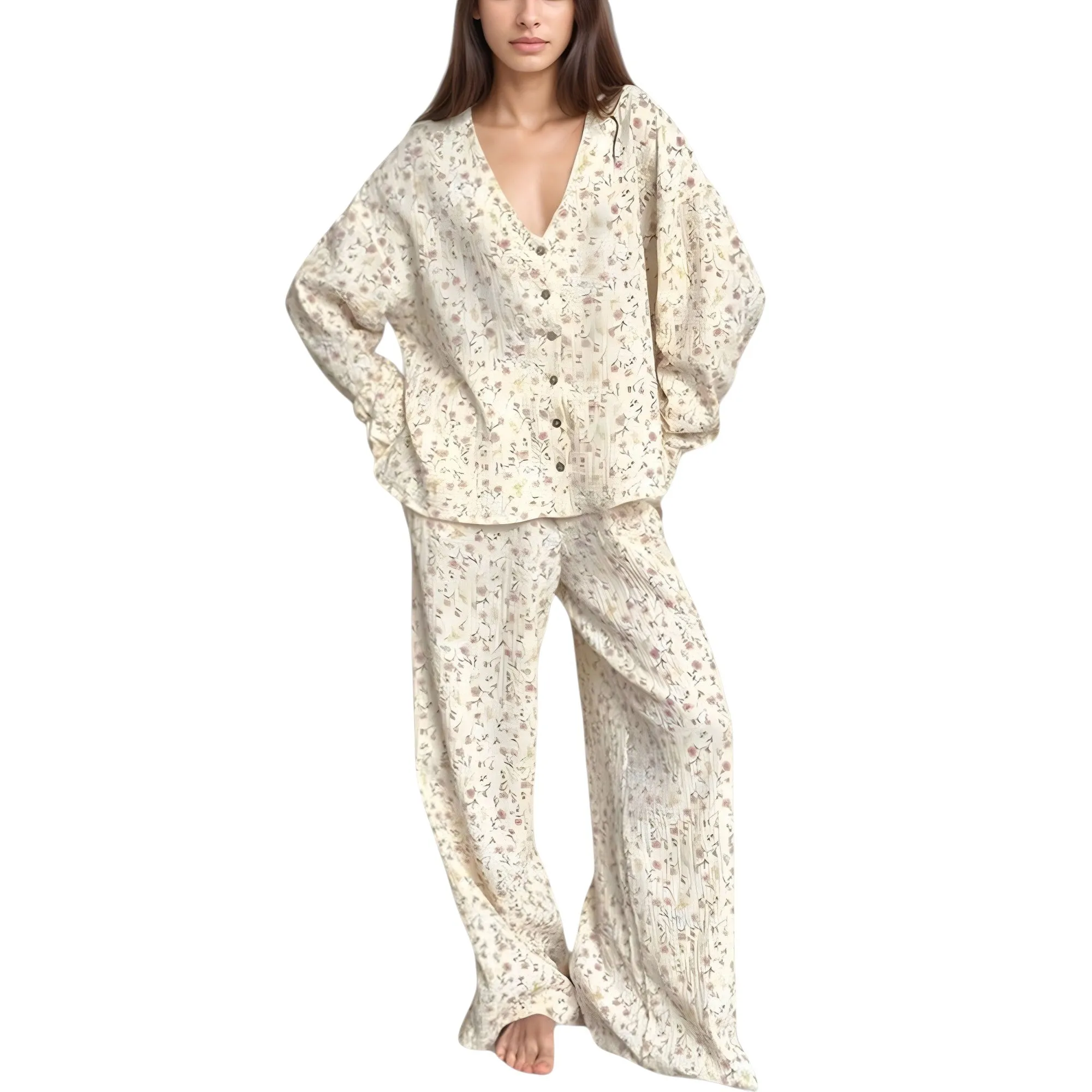 Anna-Kaci Lounge Women's Floral Print Woven Pajama Set with V-Neck Button Down Top and Wide Leg Elastic Waist Pants sold by Anna-Kaci