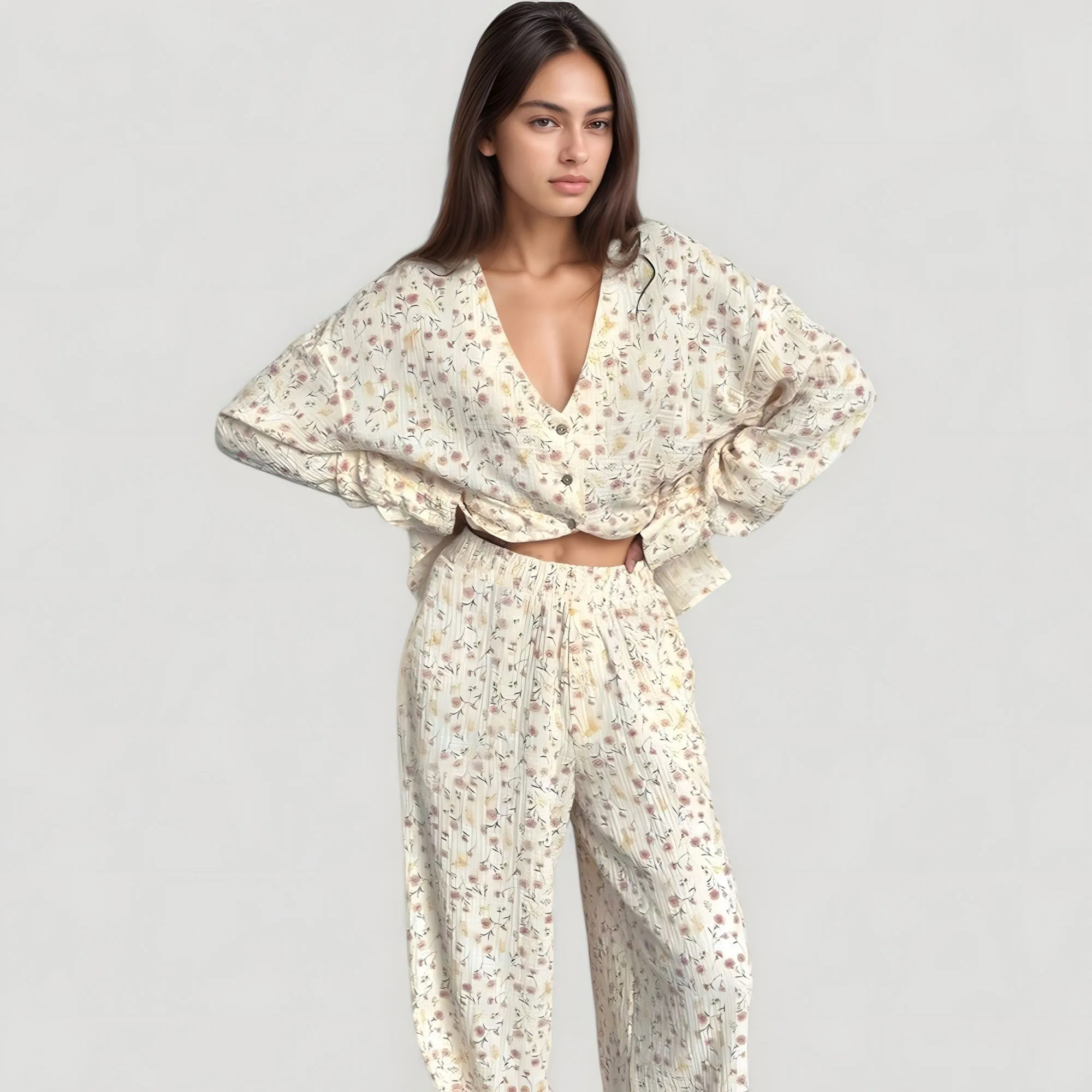 Anna-Kaci Lounge Women's Floral Print Woven Pajama Set with V-Neck Button Down Top and Wide Leg Elastic Waist Pants sold by Anna-Kaci product image thumbnail 3