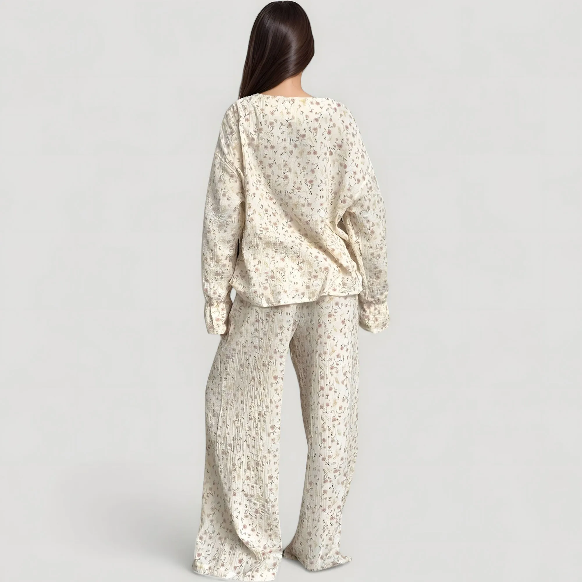 Anna-Kaci Lounge Women's Floral Print Woven Pajama Set with V-Neck Button Down Top and Wide Leg Elastic Waist Pants sold by Anna-Kaci product image thumbnail 4