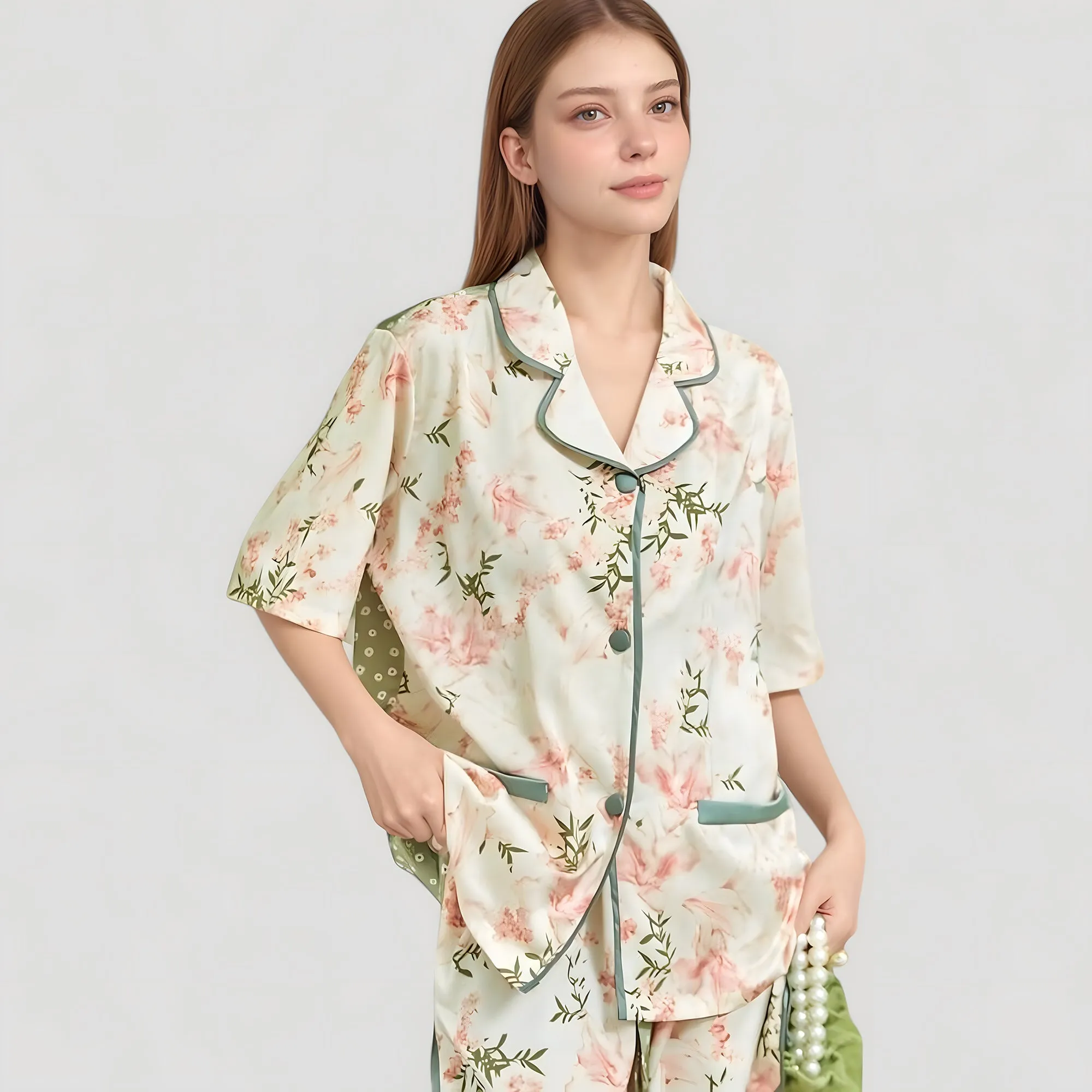 Anna-Kaci Lounge Women's Floral Print Pajama Set with Piping Trim and Button Front Short Sleeve Top sold by Anna-Kaci product image thumbnail 5