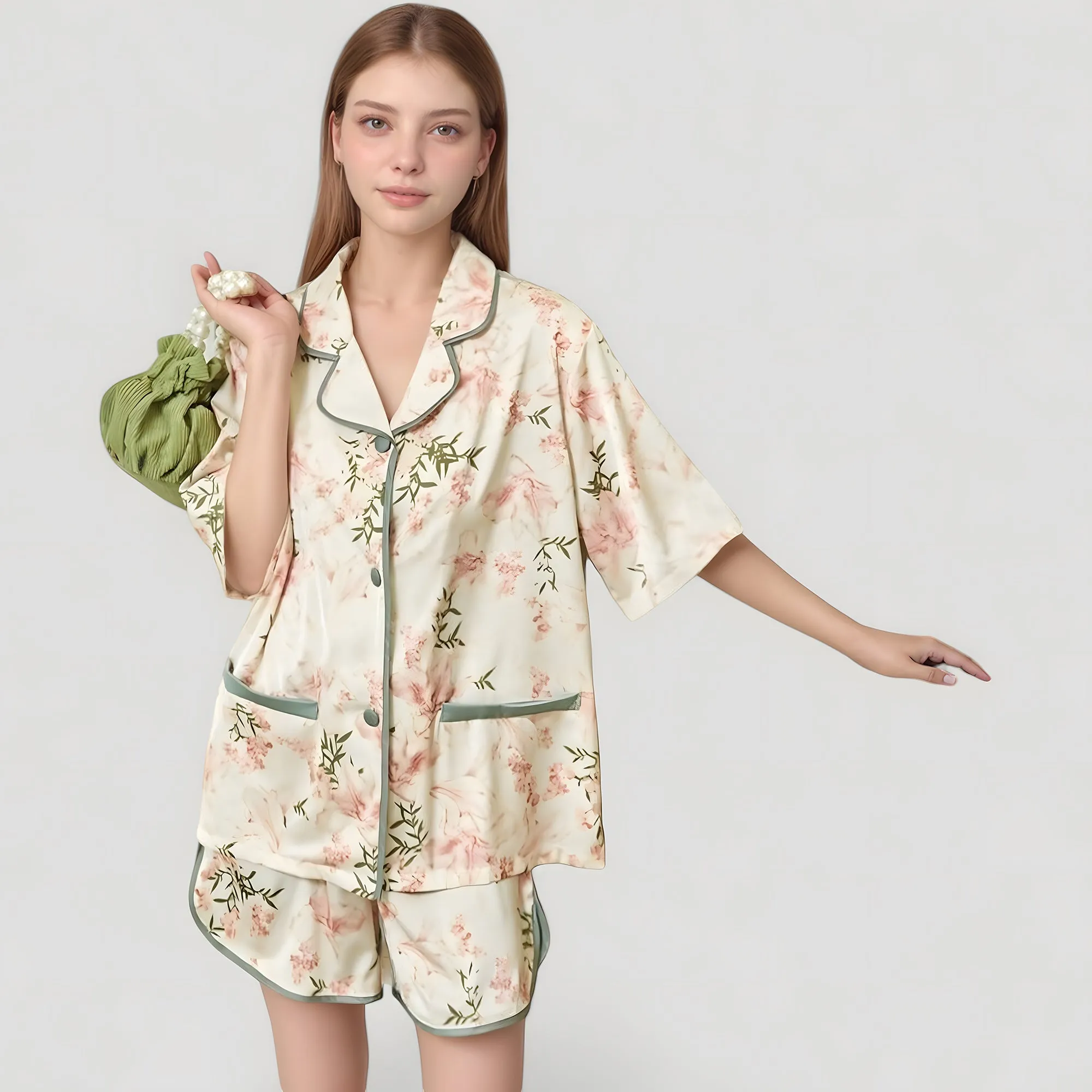 Anna-Kaci Lounge Women's Floral Print Pajama Set with Piping Trim and Button Front Short Sleeve Top sold by Anna-Kaci product image thumbnail 4
