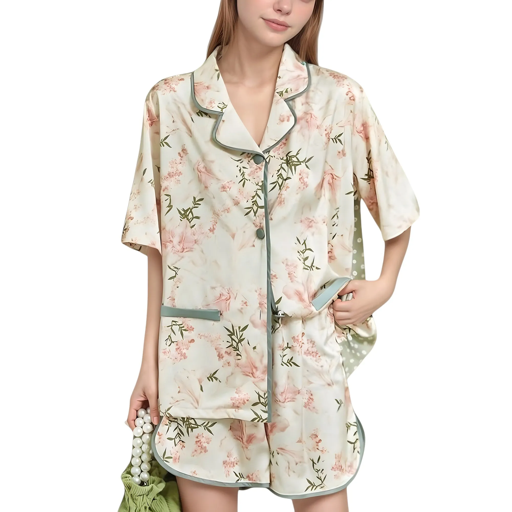 Anna-Kaci Lounge Women's Floral Print Pajama Set with Piping Trim and Button Front Short Sleeve Top sold by Anna-Kaci
