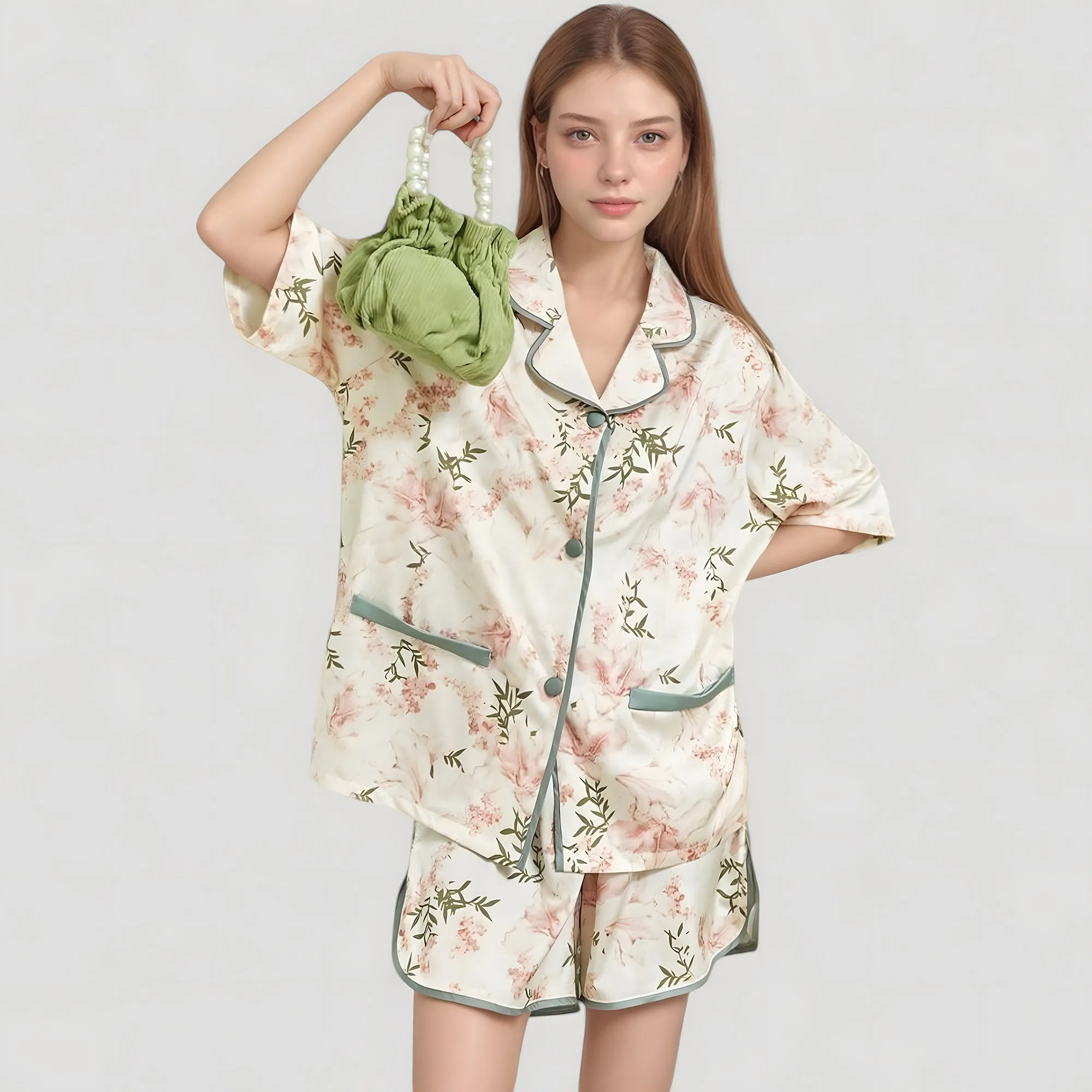 Anna-Kaci Lounge Women's Floral Print Pajama Set with Piping Trim and Button Front Short Sleeve Top sold by Anna-Kaci product image thumbnail 3