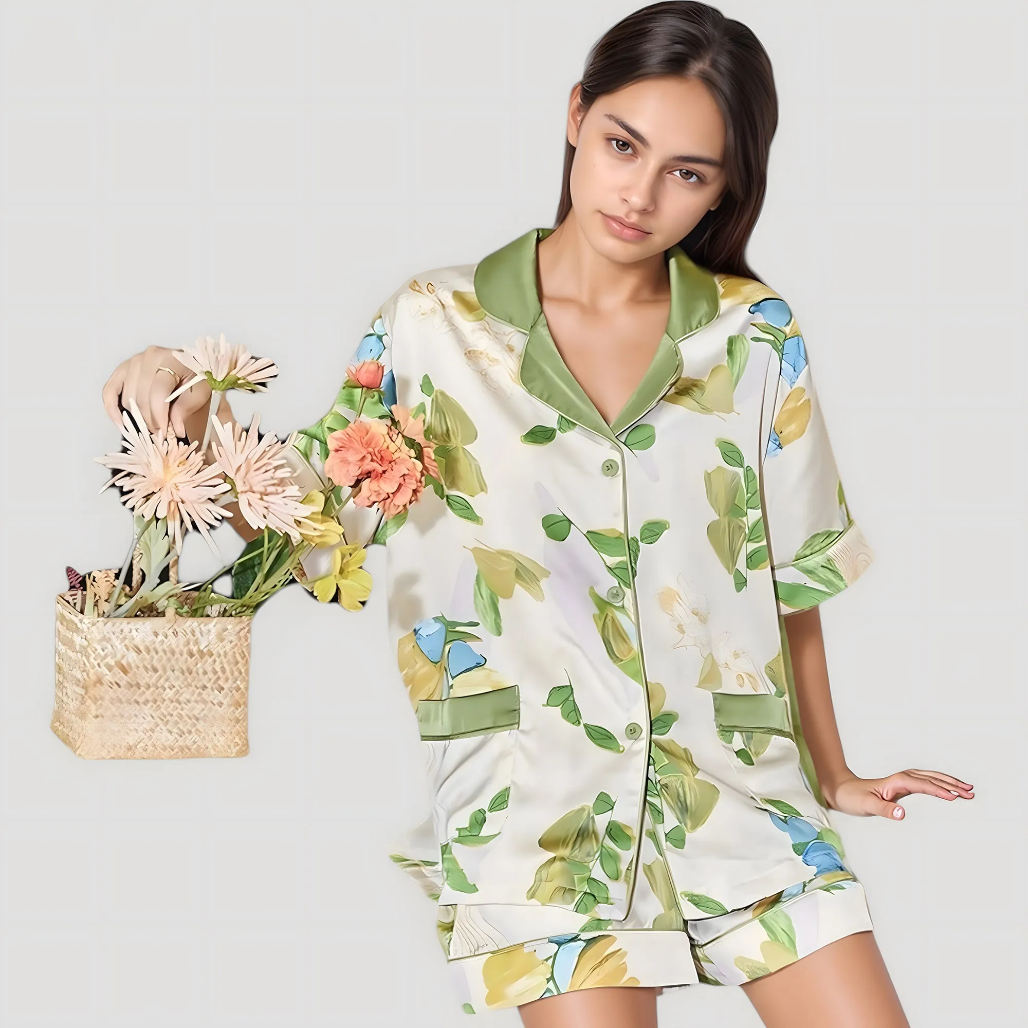 Anna-Kaci Lounge Women's Floral Print Pajama Set with Button-Up Short Sleeve Top and Matching Shorts sold by Anna-Kaci product image thumbnail 4