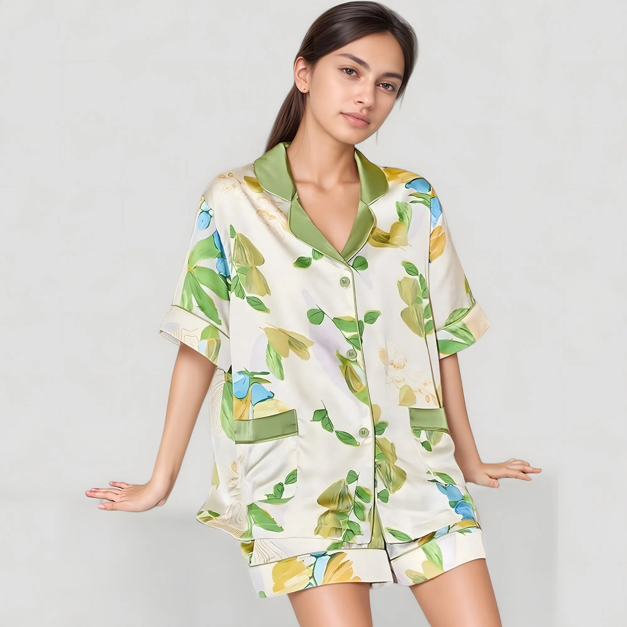 Anna-Kaci Lounge Women's Floral Print Pajama Set with Button-Up Short Sleeve Top and Matching Shorts sold by Anna-Kaci product image thumbnail 2