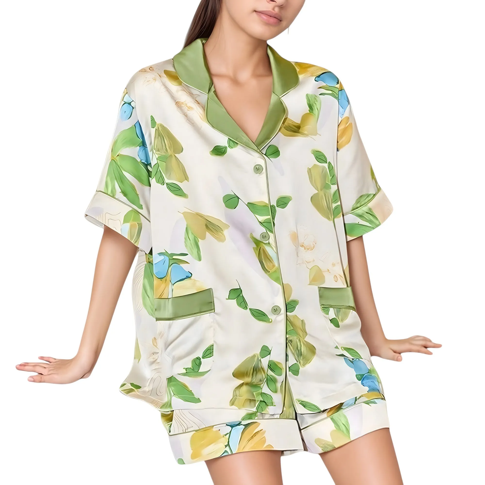 Anna-Kaci Lounge Women's Floral Print Pajama Set with Button-Up Short Sleeve Top and Matching Shorts sold by Anna-Kaci