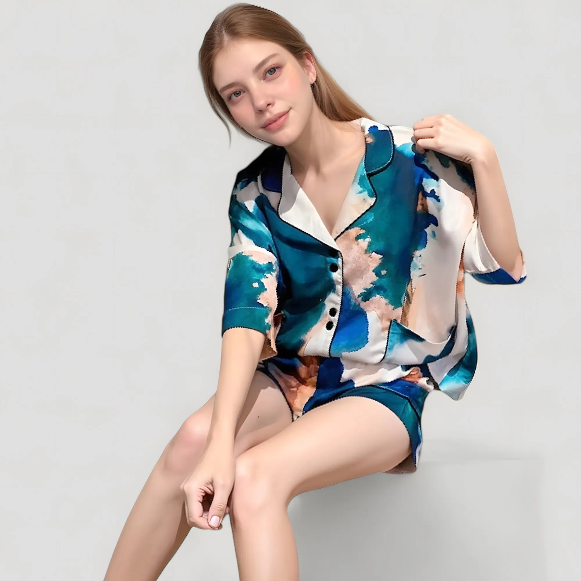 Anna-Kaci Lounge Women's Watercolor Print Pajama Set with Notch Collar Button Up Short Sleeve Top and Matching Relaxed Shorts sold by Anna-Kaci product image thumbnail 3
