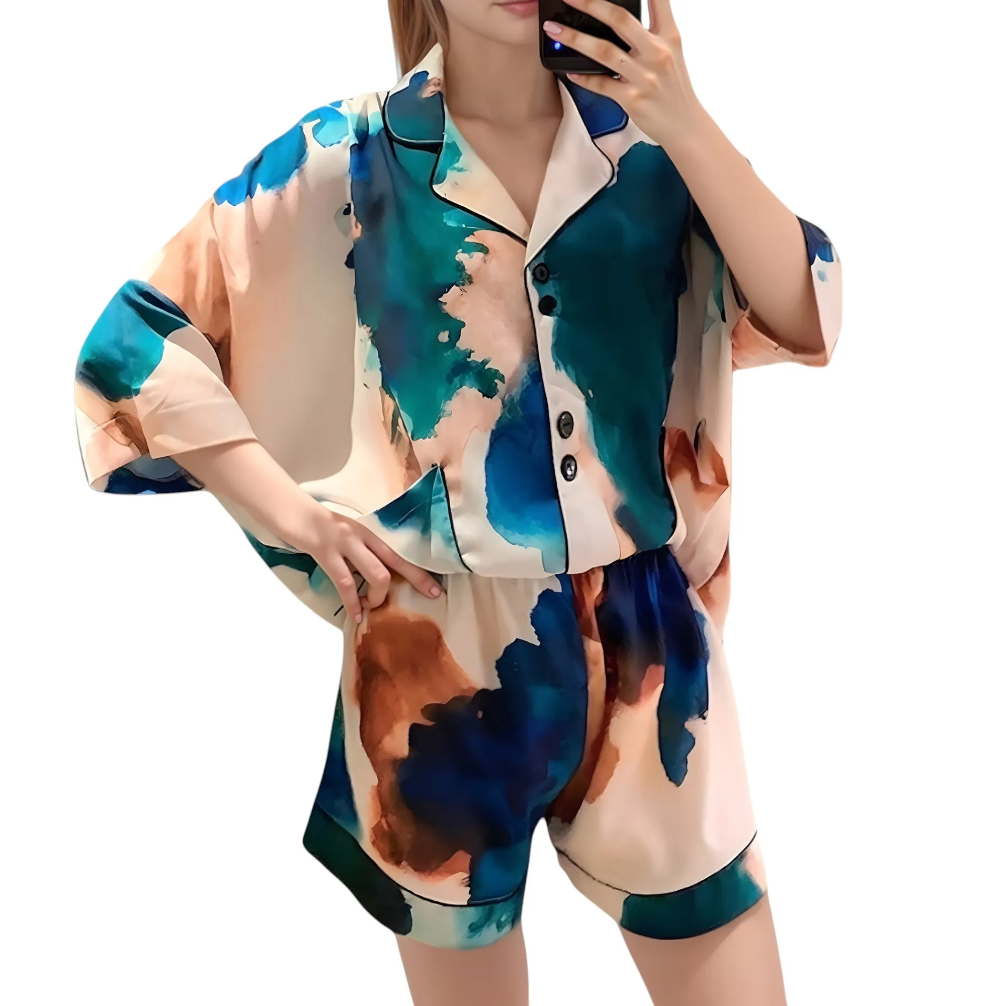 Anna-Kaci Lounge Women's Watercolor Print Pajama Set with Notch Collar Button Up Short Sleeve Top and Matching Relaxed Shorts sold by Anna-Kaci