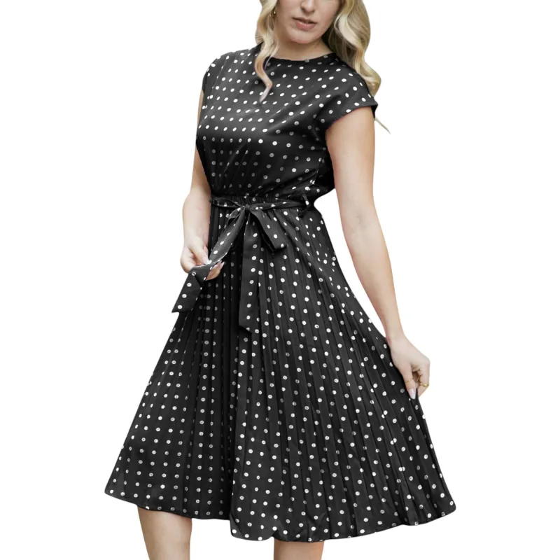 Anna-Kaci Women's Polka Dot Midi Dress with Cap Sleeves Pleated Skirt and Waist Tie Belt sold by Anna-Kaci