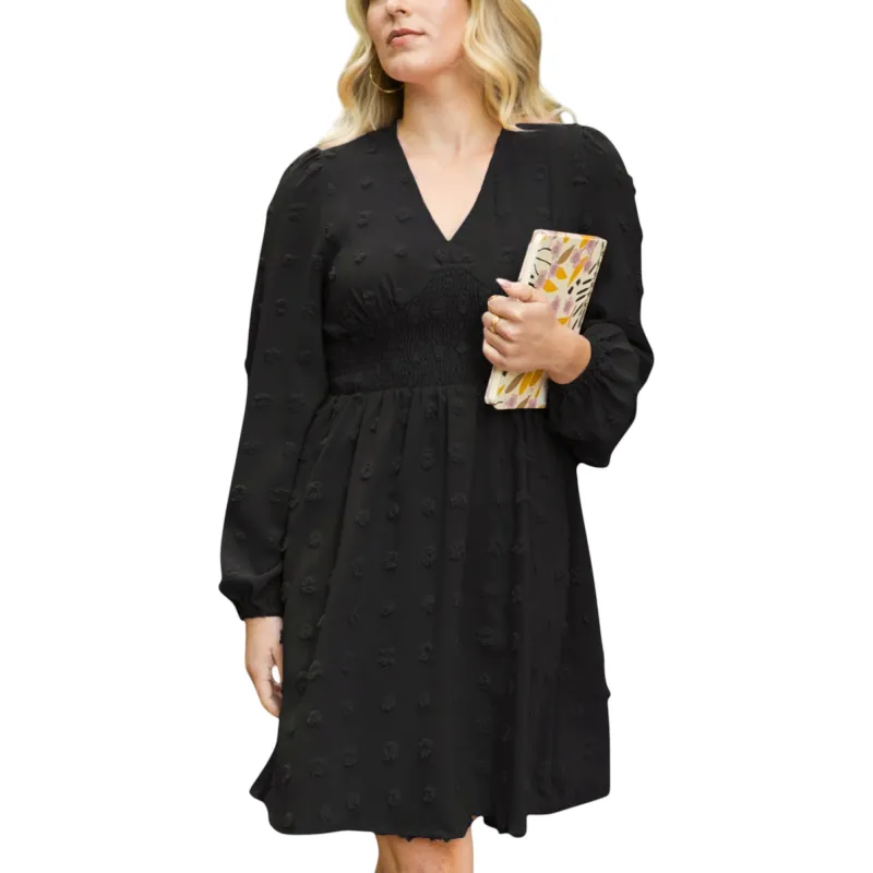 Anna-Kaci Women's Swiss Dot Long Sleeve Mini Dress with Smocked Waist and V-Neckline sold by Anna-Kaci