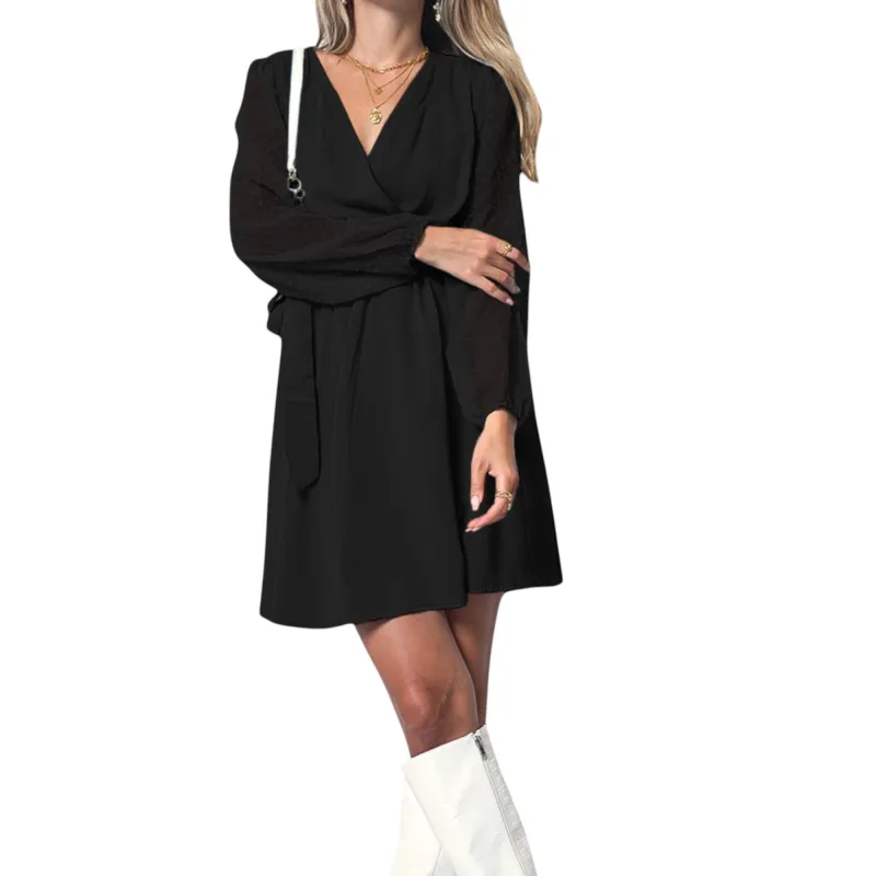 Anna-Kaci Women's V-Neck Long Sleeve Mini Dress with Sheer Dotted Sleeves and Waist Tie Detail sold by Anna-Kaci