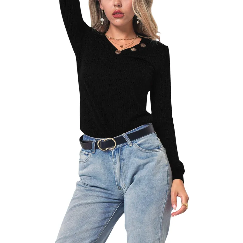 Anna-Kaci Women's Long Sleeve Knit Top with Asymmetrical Button Detail and Ribbed Texture sold by Anna-Kaci