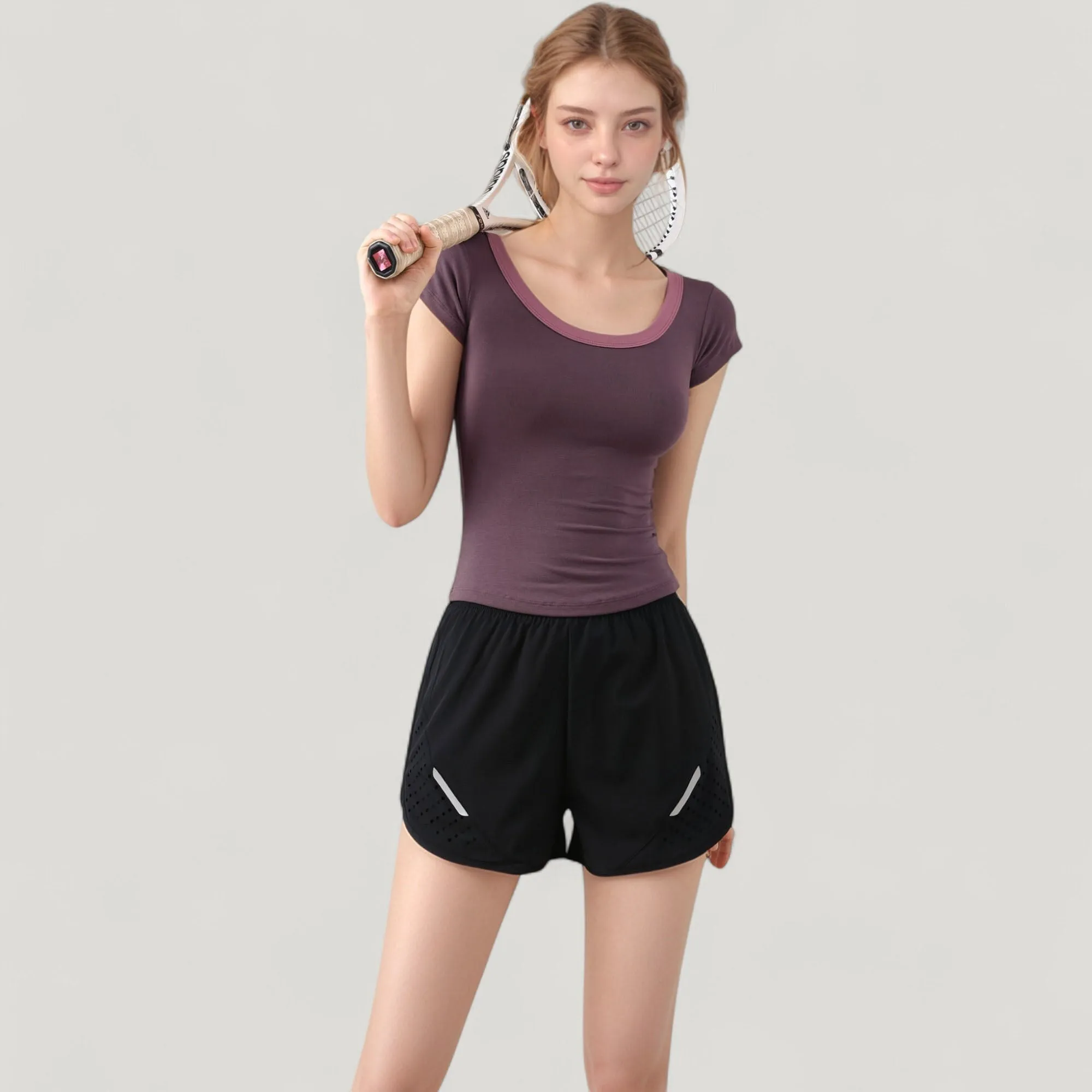 Anna-Kaci Active Women's Scoop Neck Contrast Trim Fitted Short Sleeve Active Top sold by Anna-Kaci product image thumbnail 2