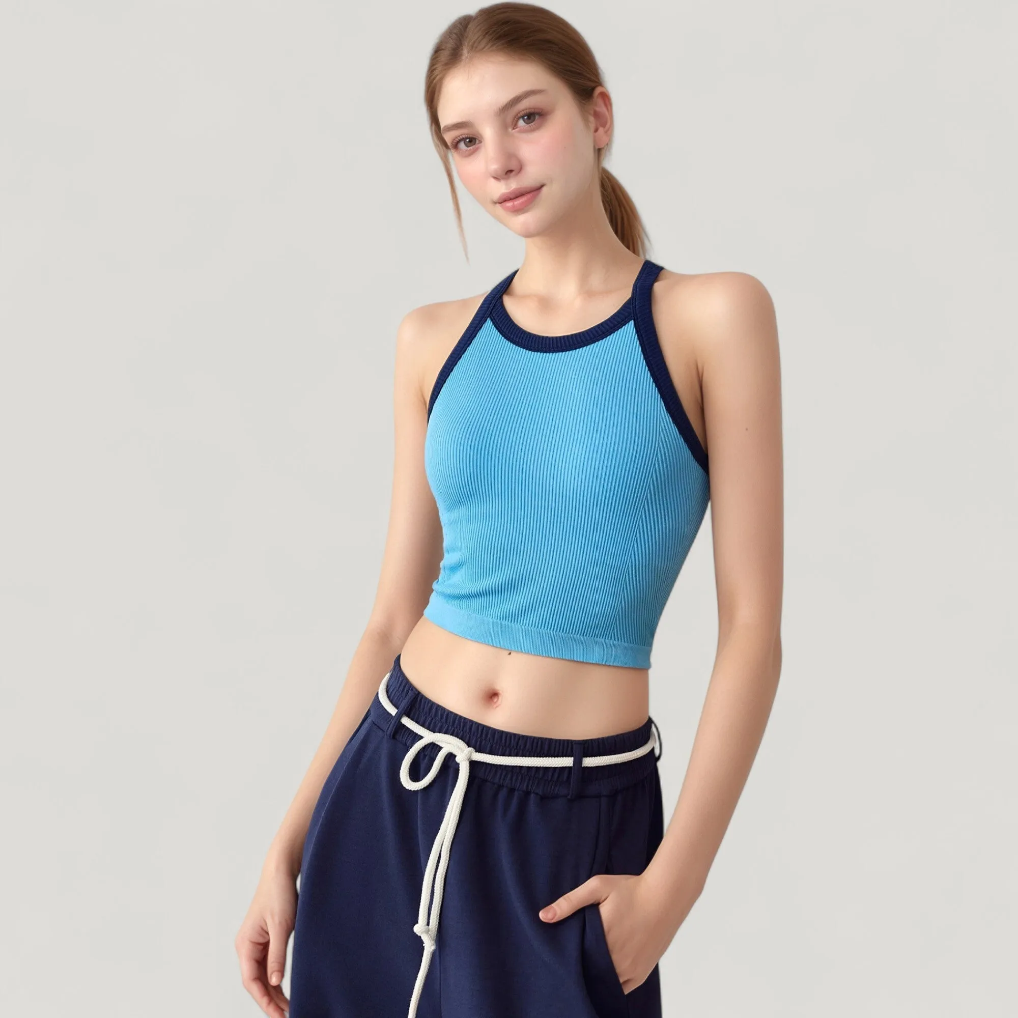 Anna-Kaci Active Women's Ribbed Racerback Cropped Tank Top with Contrast Trim and Fitted Stretch Fabric sold by Anna-Kaci product image thumbnail 5