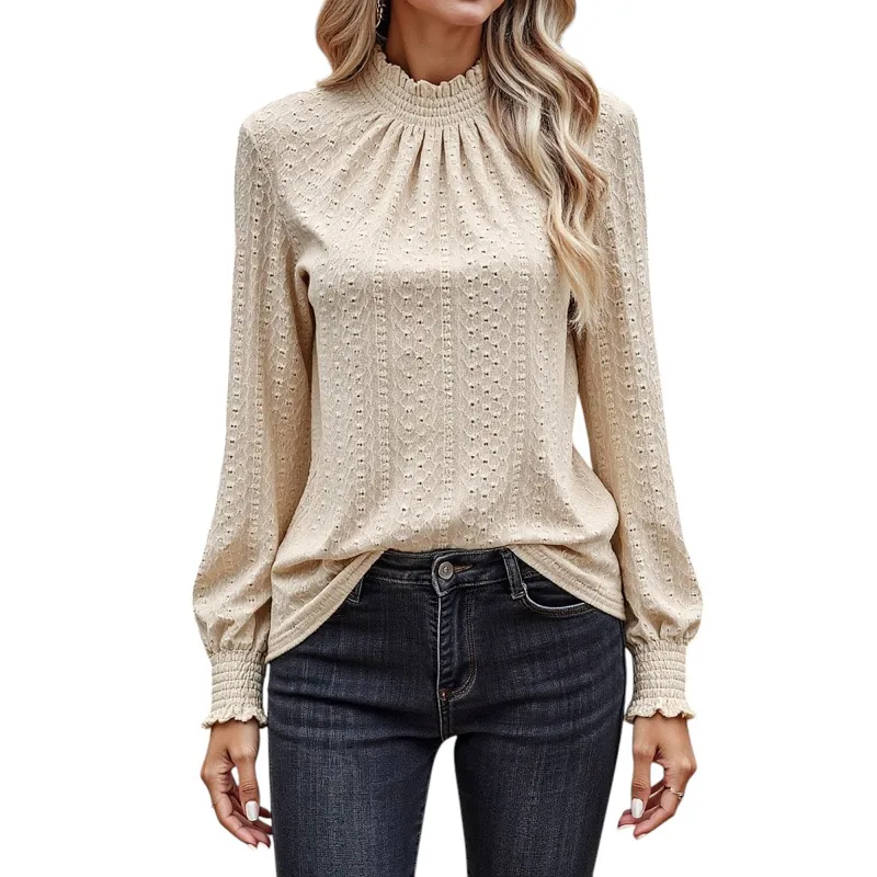 Anna-Kaci Women's Long Sleeve Textured Blouse with Smocked High Neckline and Cuffed Sleeves sold by Anna-Kaci