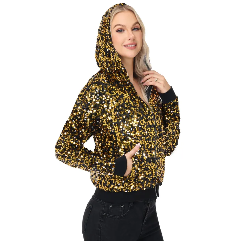 Anna-Kaci Women's Zip-Up Hoodie Jacket with Allover Sequin Embellishments and Ribbed Trim sold by Anna-Kaci