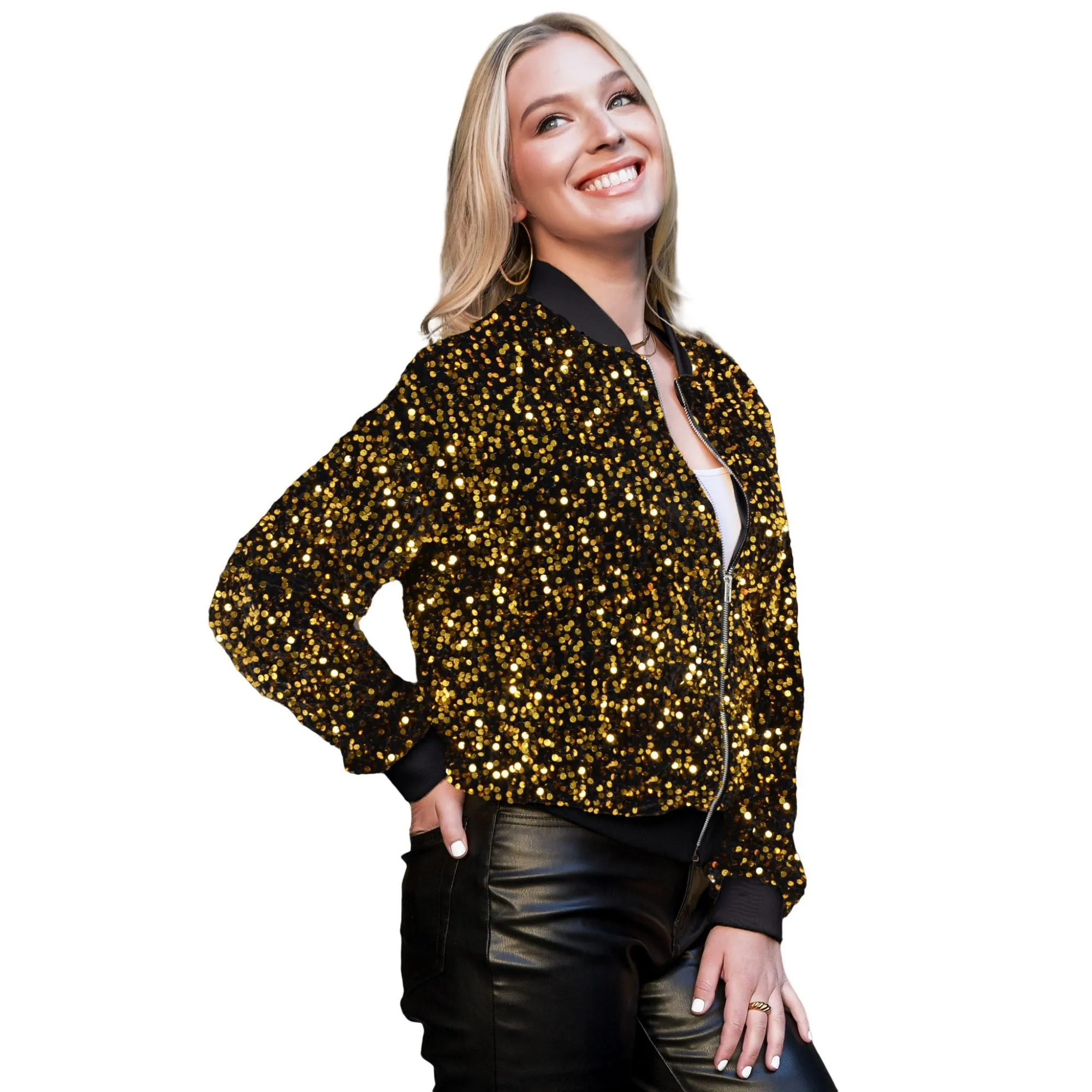 Anna-Kaci Sparkly Sequin Jacket Glitter Long Sleeves Zip Up Bomber Velvet Jacket sold by Anna-Kaci product image thumbnail 4