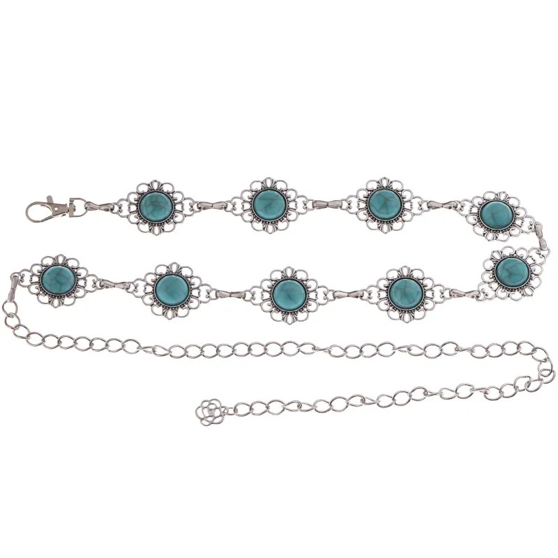 Anna-Kaci Women's Waist Chain Belt with Floral Links and Turquoise Stone Accents made by Anna-Kaci