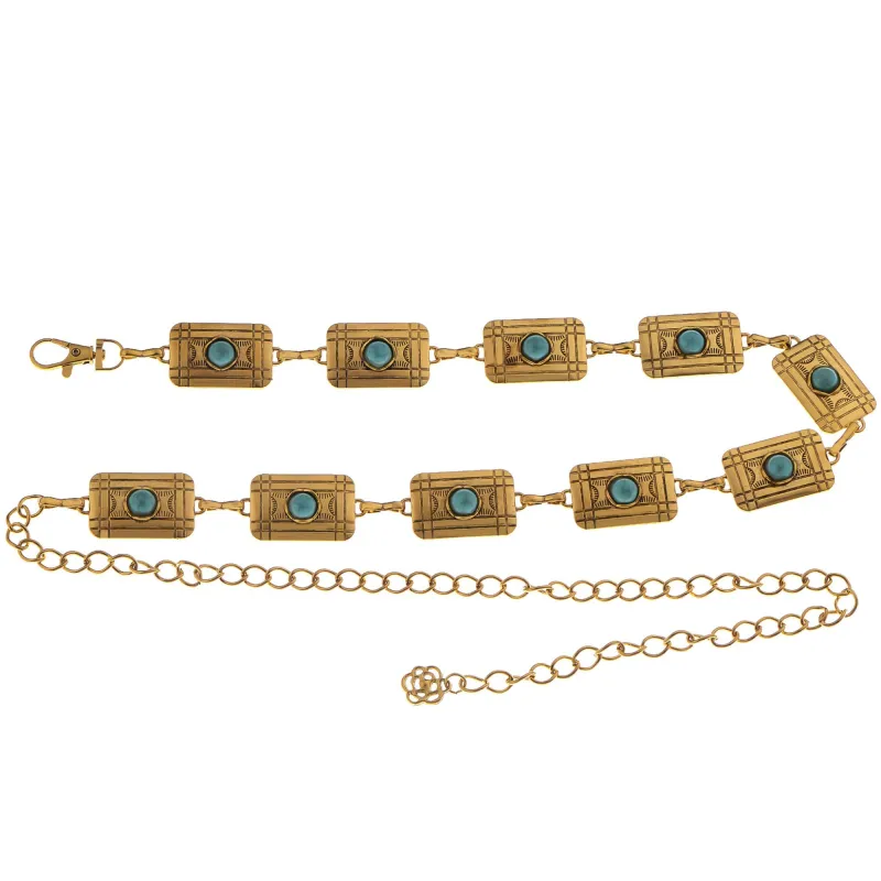 Anna-Kaci Women's Waist Chain Belt with Rectangular Links and Turquoise Stone Accents sold by Anna-Kaci