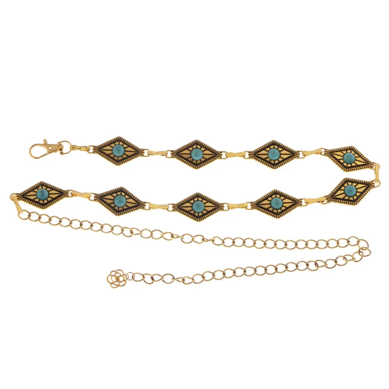 Anna-Kaci Women's Waist Chain Belt with Diamond-Shaped Links and Turquoise Stone Accents sold by Anna-Kaci