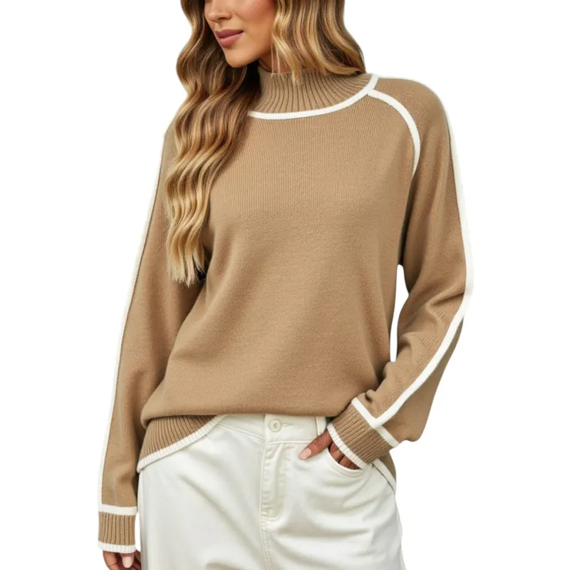 Anna-Kaci Women's Long Sleeve Knit Sweater with Contrast Trim and Mock Neck sold by Anna-Kaci