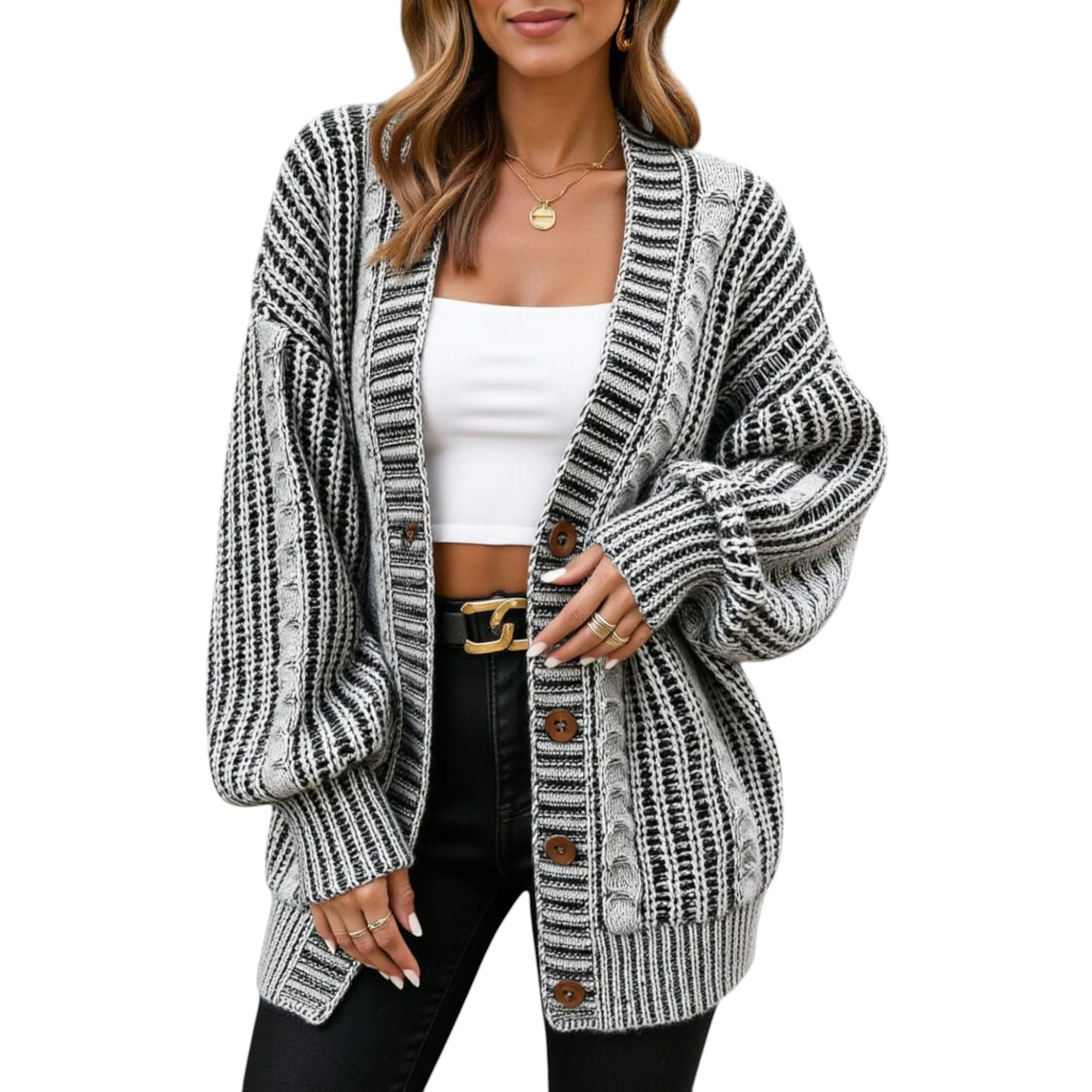 Anna-Kaci Women's Striped Knit Cardigan with Button Front and Drop Shoulder Design sold by Anna-Kaci
