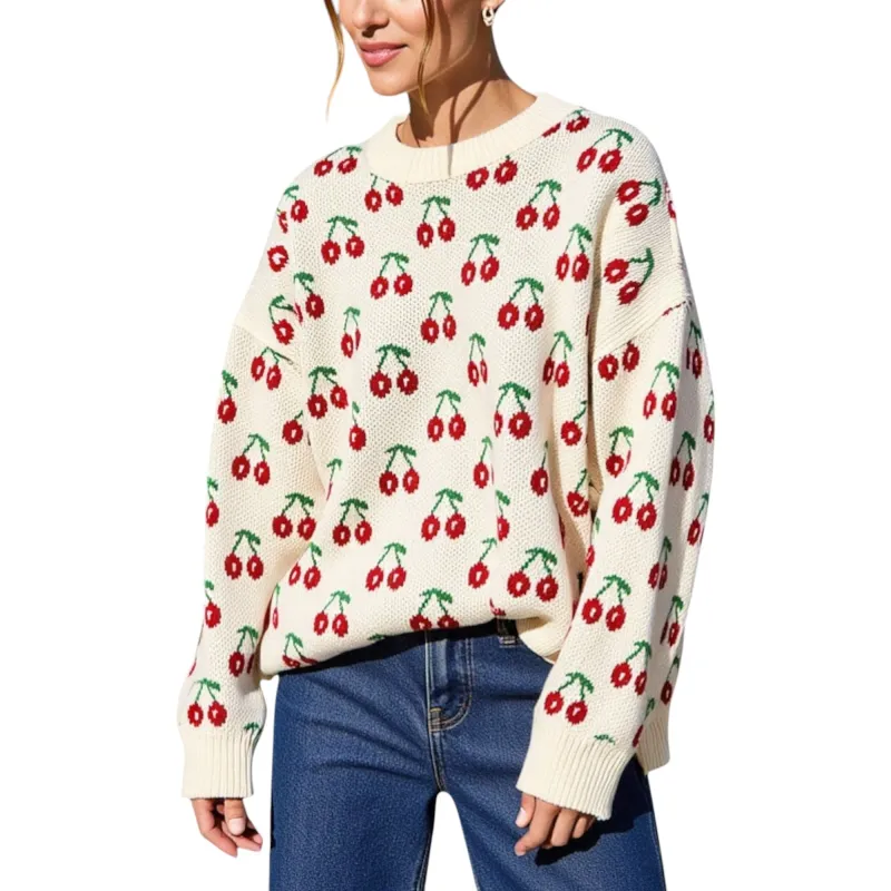 Anna-Kaci Women's Long Sleeve Pullover Knit Sweater with Cherry Pattern sold by Anna-Kaci