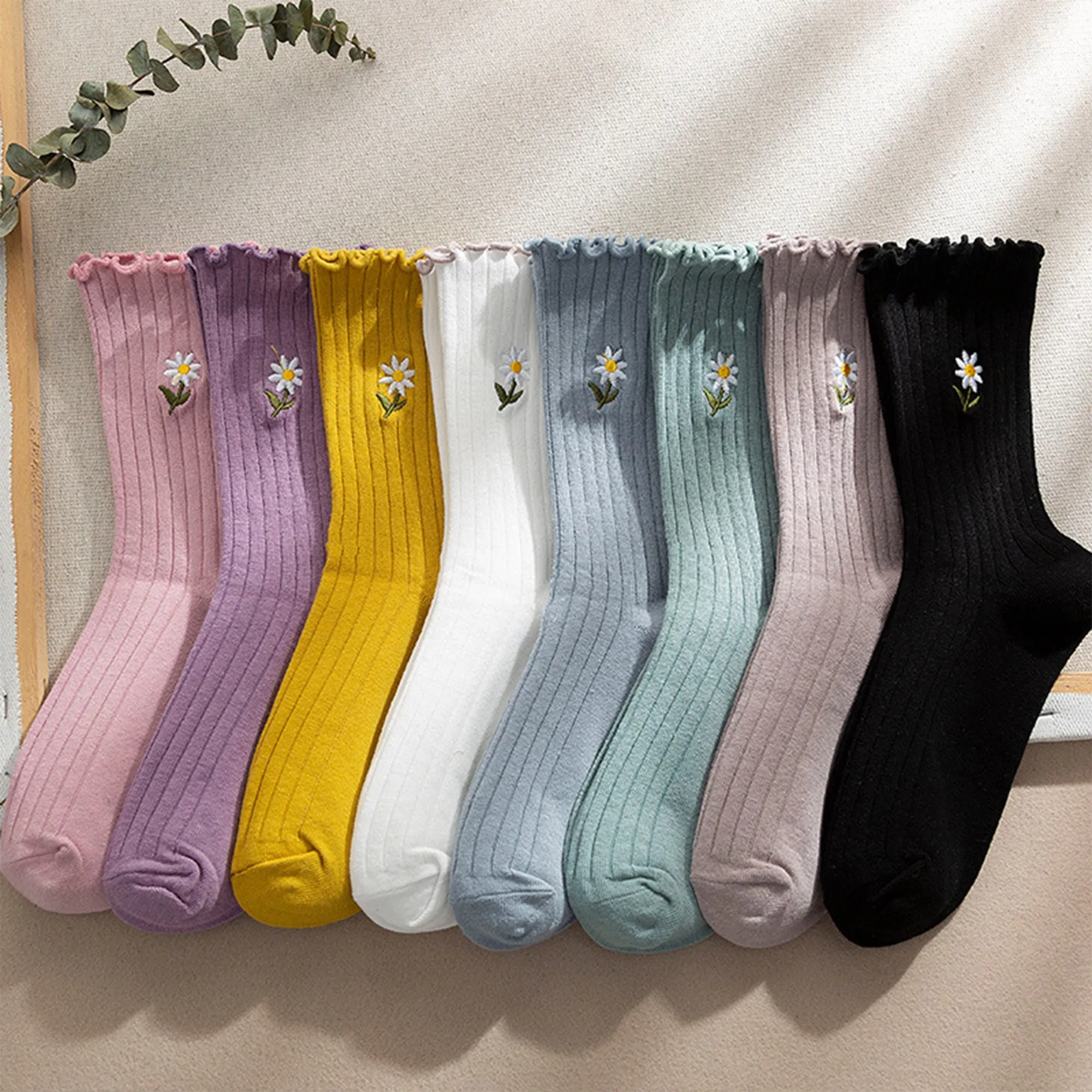 Anna-Kaci Women's 4 Pairs Ribbed Knit Socks with Daisy Embroidery Lettuce Edge Cuffs Soft Stretch Fabric sold by Anna-Kaci product image thumbnail 3