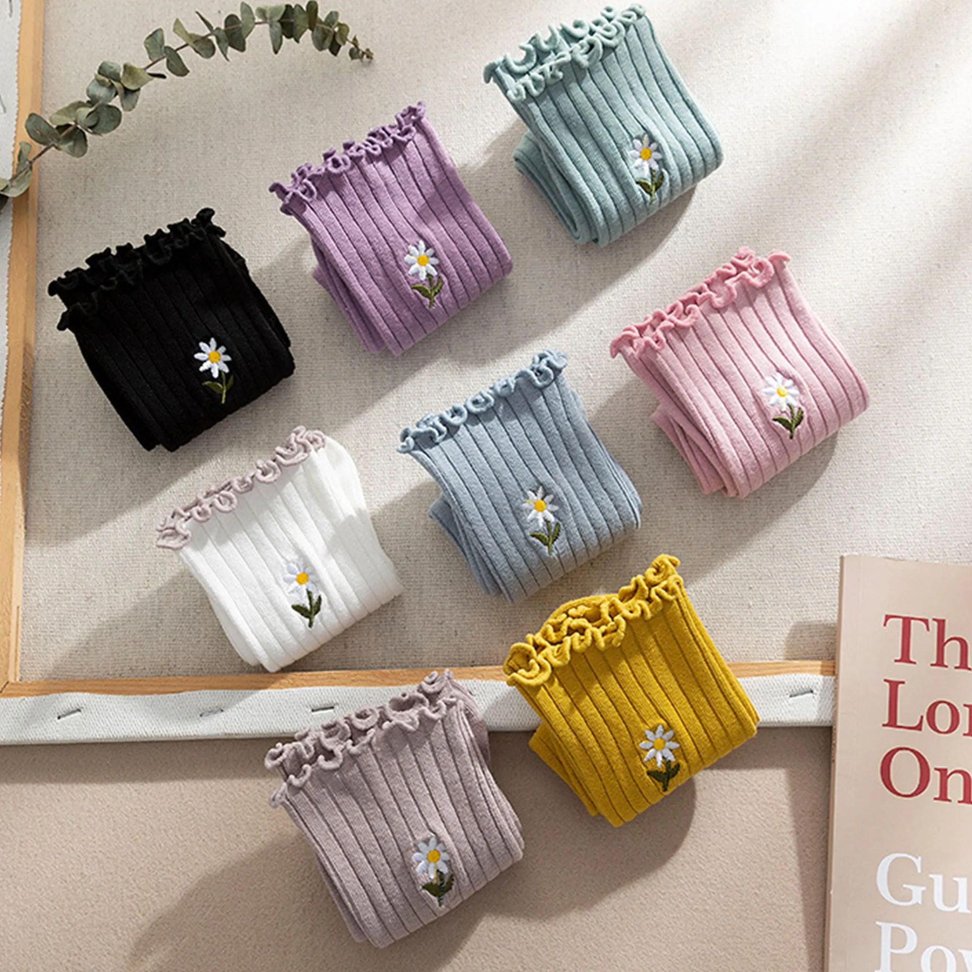 Anna-Kaci Women's 4 Pairs Ribbed Knit Socks with Daisy Embroidery Lettuce Edge Cuffs Soft Stretch Fabric sold by Anna-Kaci product image thumbnail 4