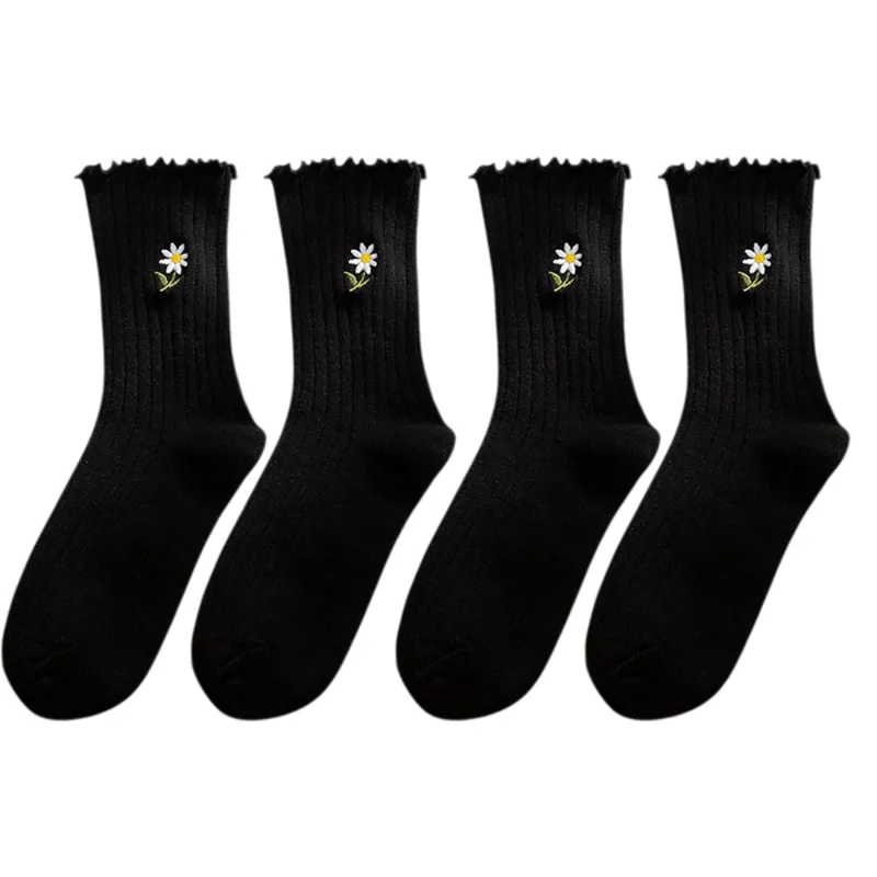 Anna-Kaci Women's 4 Pairs Ribbed Knit Socks with Daisy Embroidery Lettuce Edge Cuffs Soft Stretch Fabric sold by Anna-Kaci