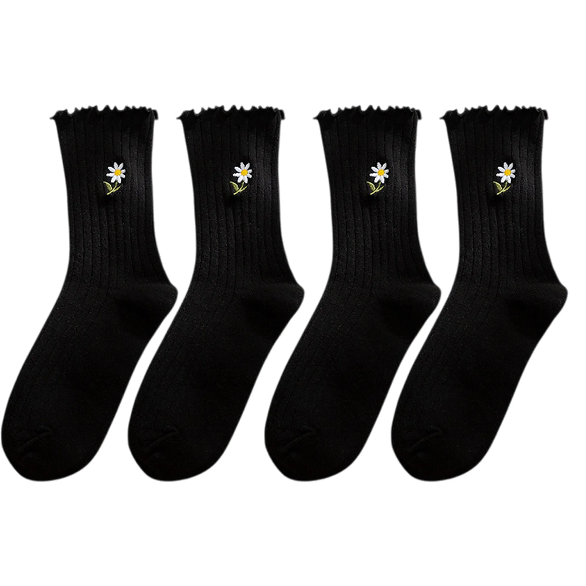 Anna-Kaci Women's 4 Pairs Ribbed Knit Socks with Daisy Embroidery Lettuce Edge Cuffs Soft Stretch Fabric sold by Anna-Kaci
