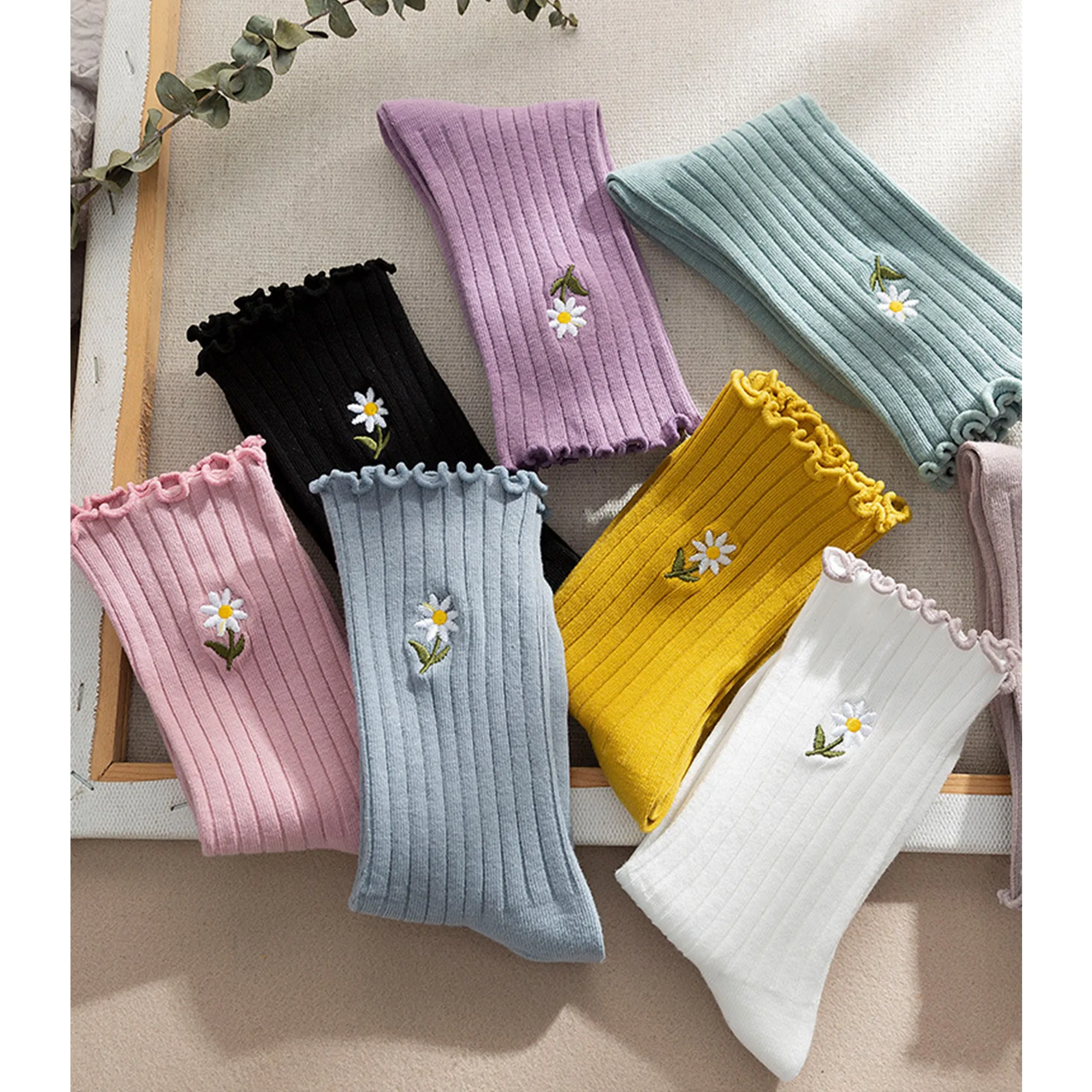 Anna-Kaci Women's 4 Pairs Ribbed Knit Socks with Daisy Embroidery Lettuce Edge Cuffs Soft Stretch Fabric sold by Anna-Kaci product image thumbnail 5