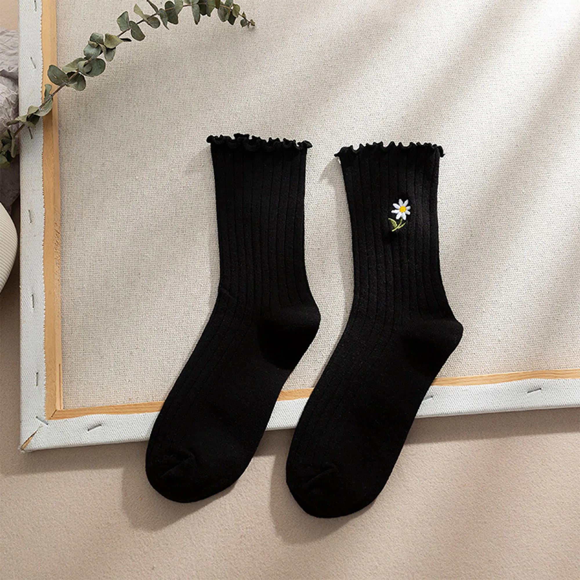 Anna-Kaci Women's 4 Pairs Ribbed Knit Socks with Daisy Embroidery Lettuce Edge Cuffs Soft Stretch Fabric sold by Anna-Kaci product image thumbnail 2