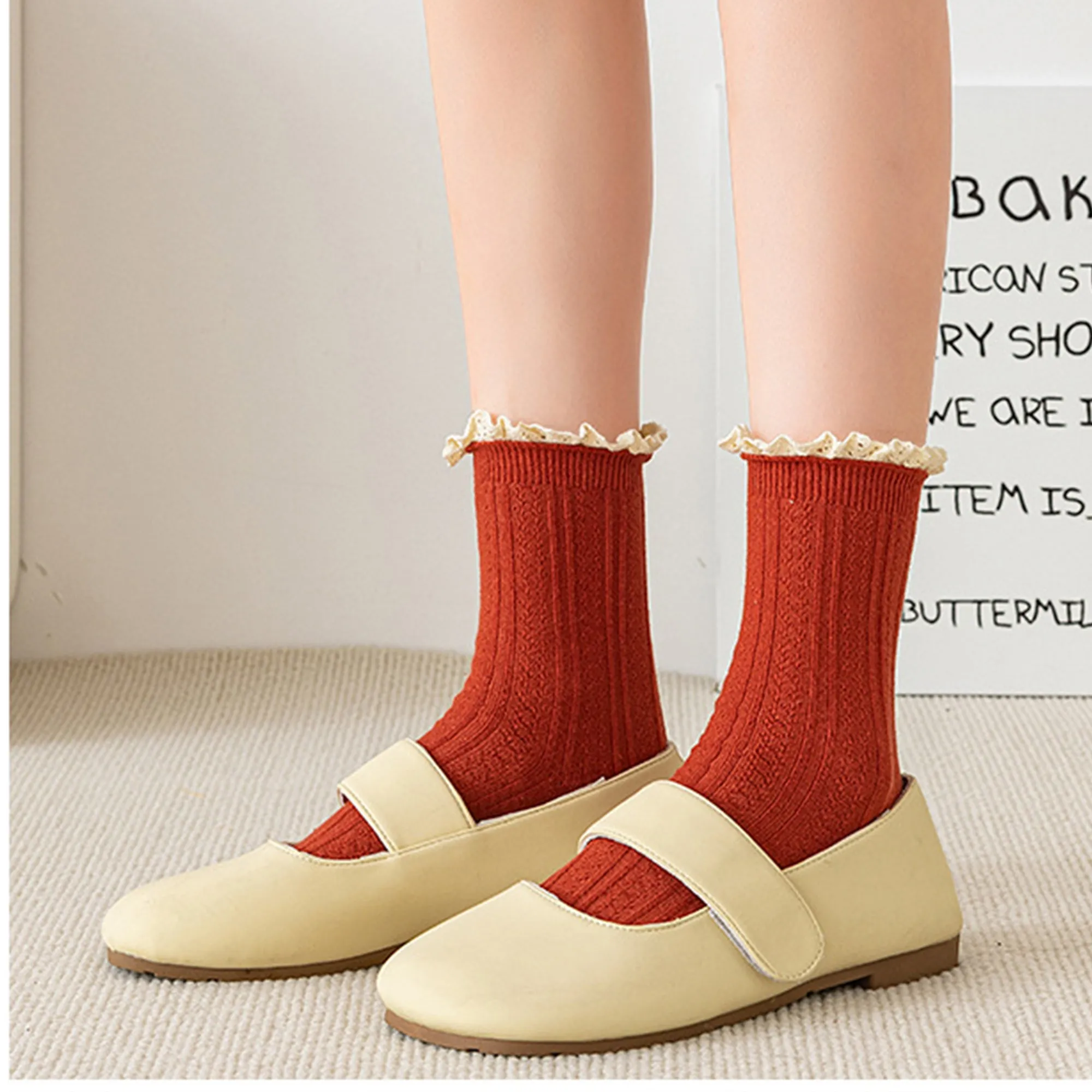 Anna-Kaci Women's 4 Pairs Knit Socks with Ribbed Texture Lace Ruffle Trim Ribbed Cuffs Soft Stretch Fabric sold by Anna-Kaci product image thumbnail 4