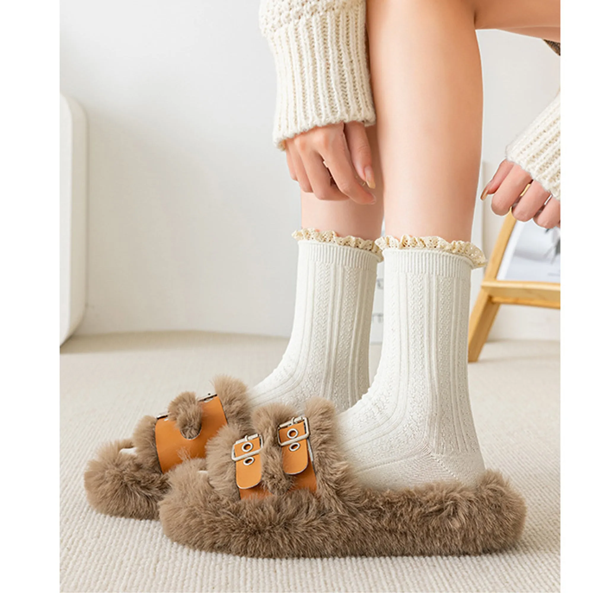 Anna-Kaci Women's 4 Pairs Knit Socks with Ribbed Texture Lace Ruffle Trim Ribbed Cuffs Soft Stretch Fabric sold by Anna-Kaci product image thumbnail 3