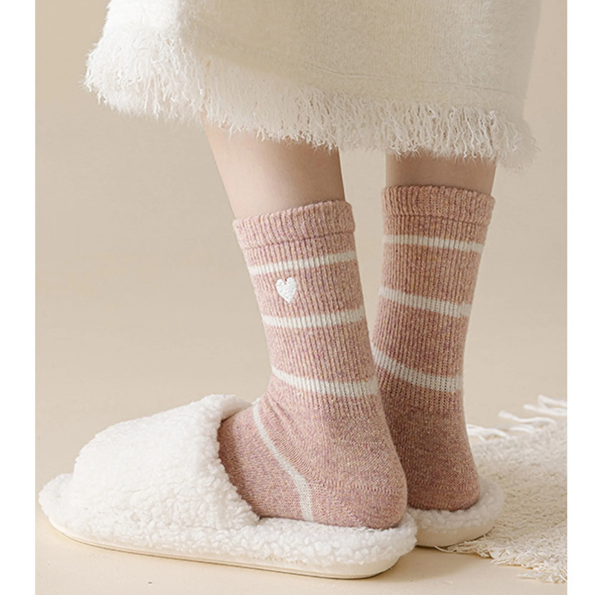 Anna-Kaci Women's 3 Pairs Knit Socks with Striped Pattern Heart Embroidery Ribbed Cuffs Soft Warm Fabric sold by Anna-Kaci product image thumbnail 4