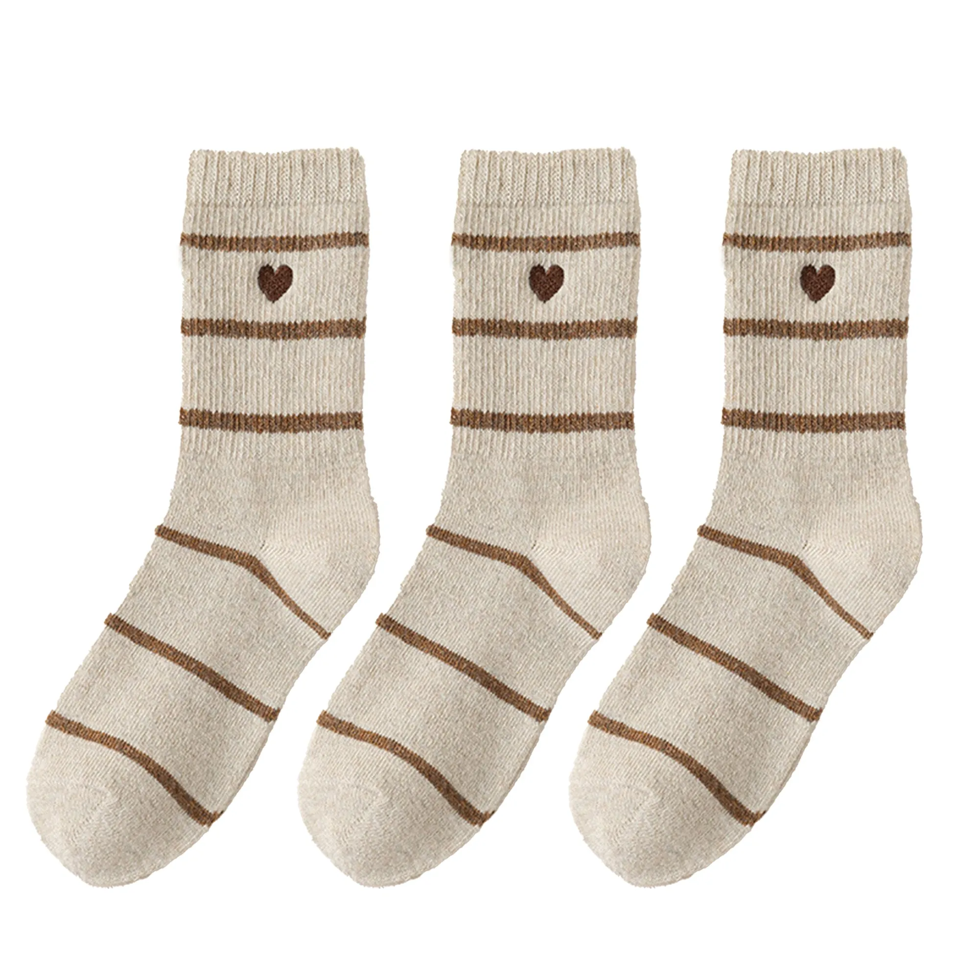 Anna-Kaci Women's 3 Pairs Knit Socks with Striped Pattern Heart Embroidery Ribbed Cuffs Soft Warm Fabric sold by Anna-Kaci
