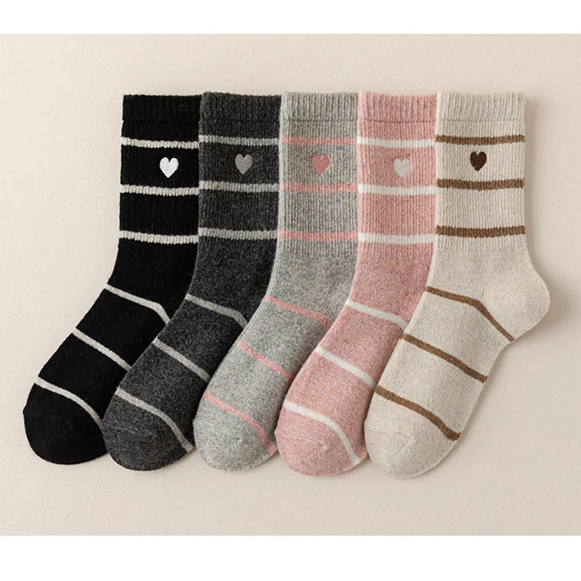 Anna-Kaci Women's 3 Pairs Knit Socks with Striped Pattern Heart Embroidery Ribbed Cuffs Soft Warm Fabric sold by Anna-Kaci product image thumbnail 2