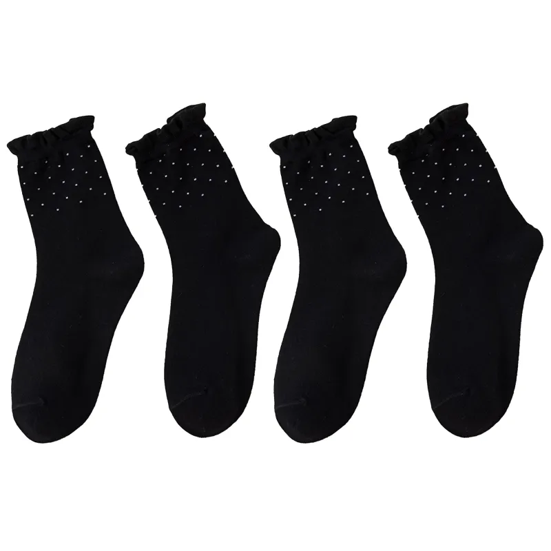 Anna-Kaci Women's 4 Pairs Knit Socks with Polka Dot Design Ruffle Edge Ribbed Cuffs Soft Stretch Fabric sold by Anna-Kaci