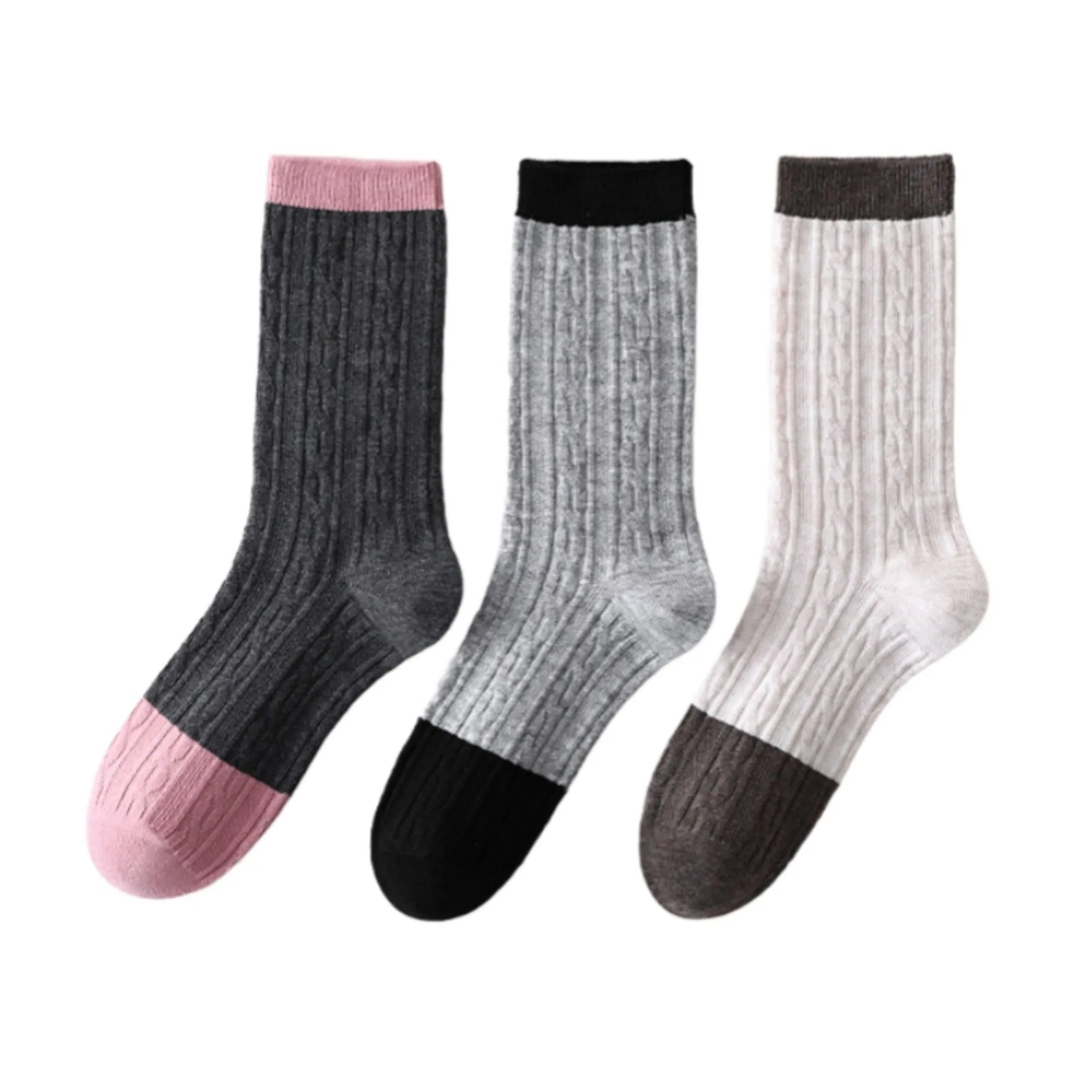Anna-Kaci Women's 3 Pair Cable Knit Crew Socks with Contrast Color Block Design and Soft Stretch Comfort sold by Anna-Kaci