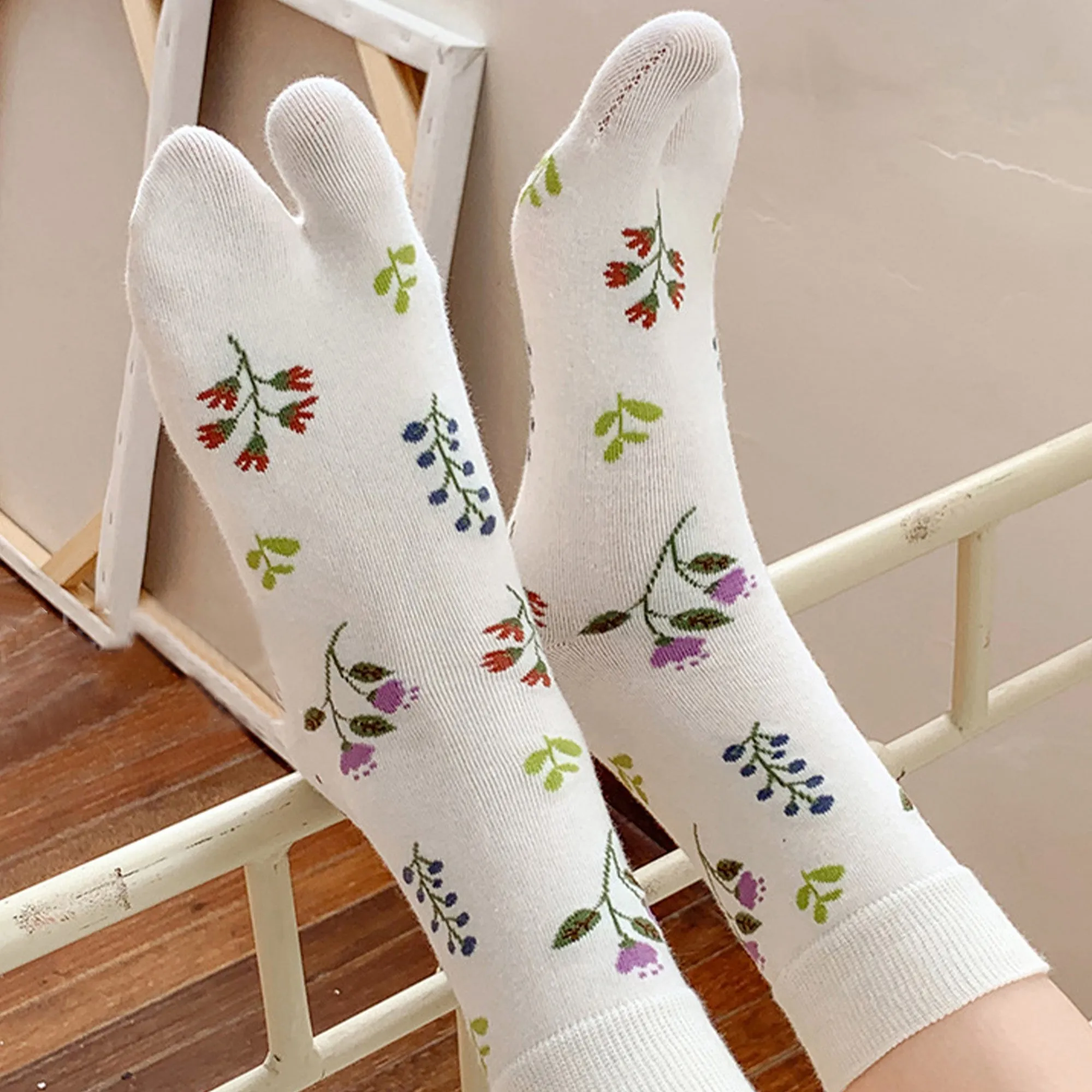 Anna-Kaci Women's 3 Pairs Floral Patterned Split-Toe Socks Soft Cotton Stretch Knit Crew Style sold by Anna-Kaci product image thumbnail 3