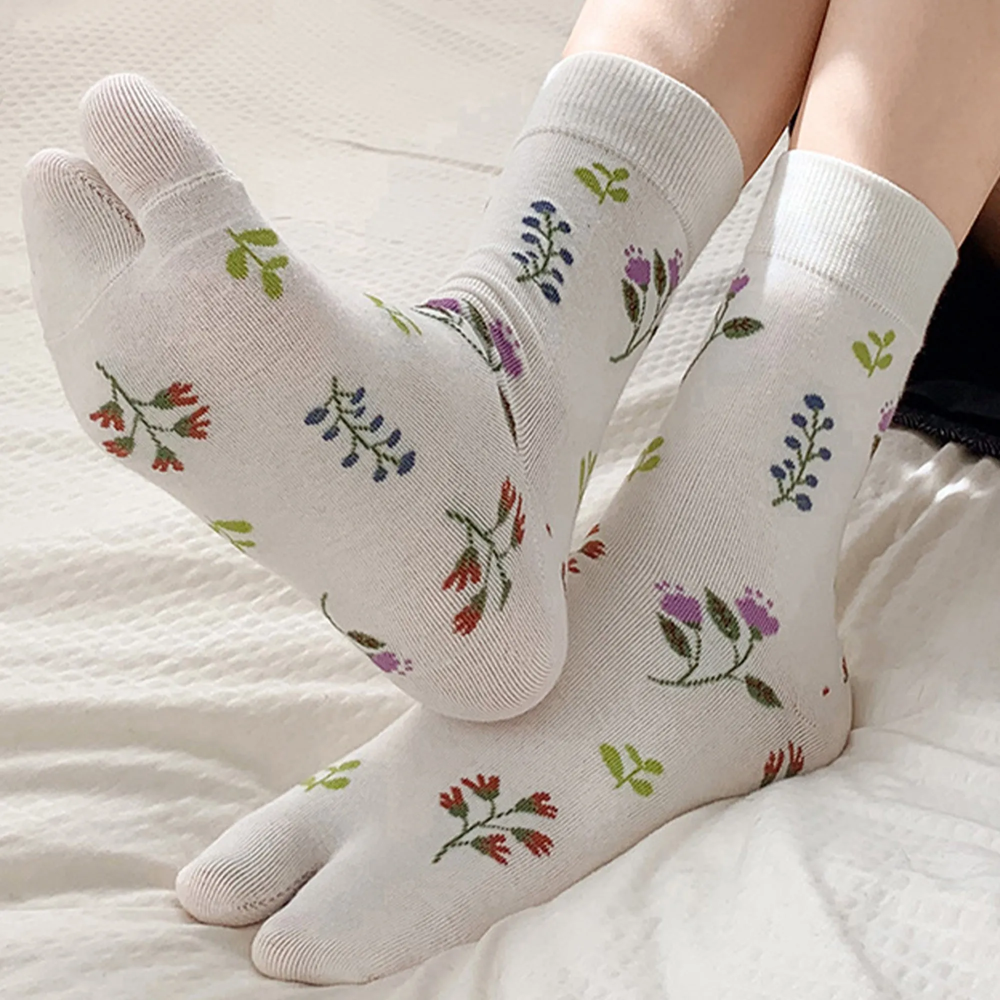 Anna-Kaci Women's 3 Pairs Floral Patterned Split-Toe Socks Soft Cotton Stretch Knit Crew Style sold by Anna-Kaci product image thumbnail 4