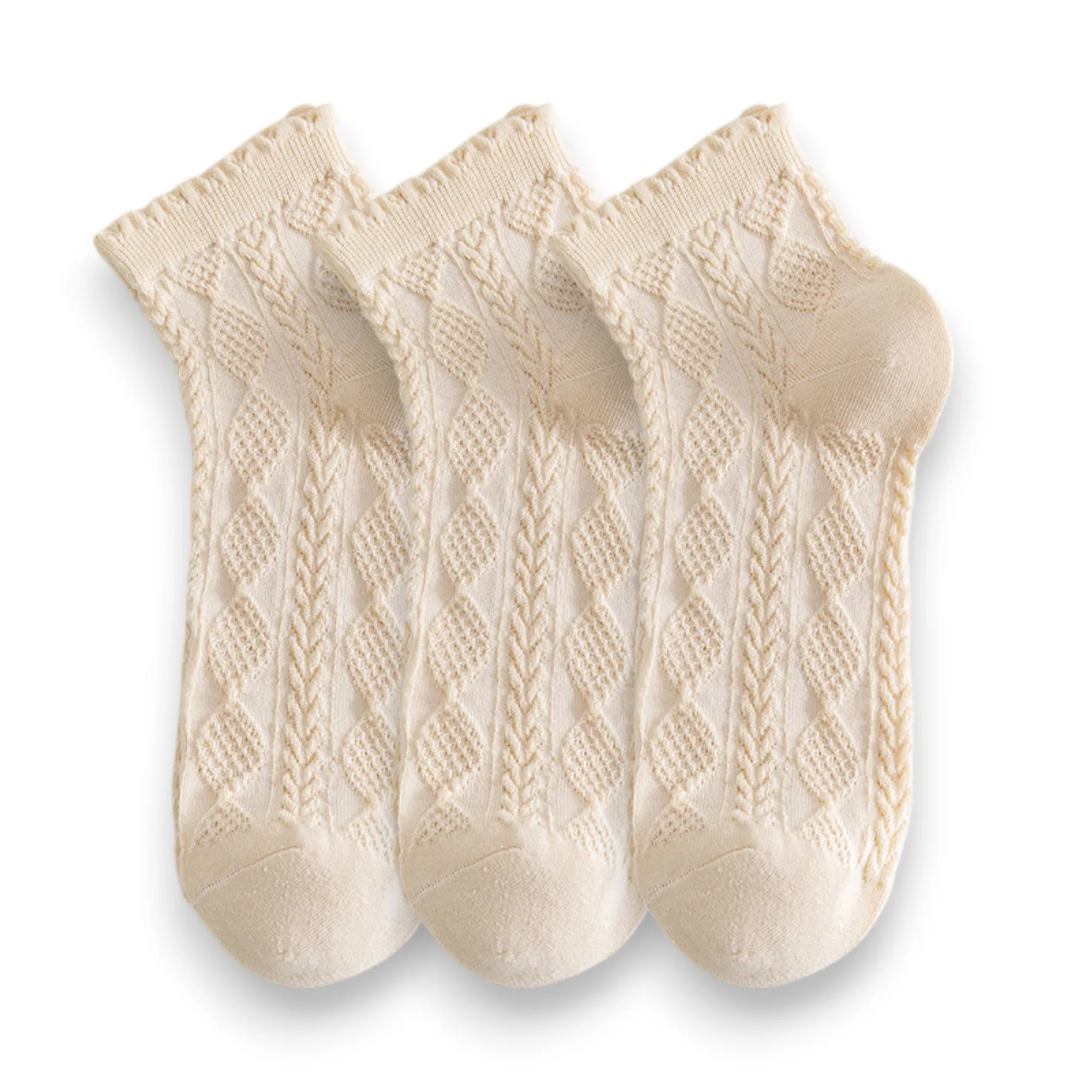 Anna-Kaci Women's 3 Pairs Textured Diamond Socks with Knitted Pattern and Scalloped Trim sold by Anna-Kaci product image thumbnail 4