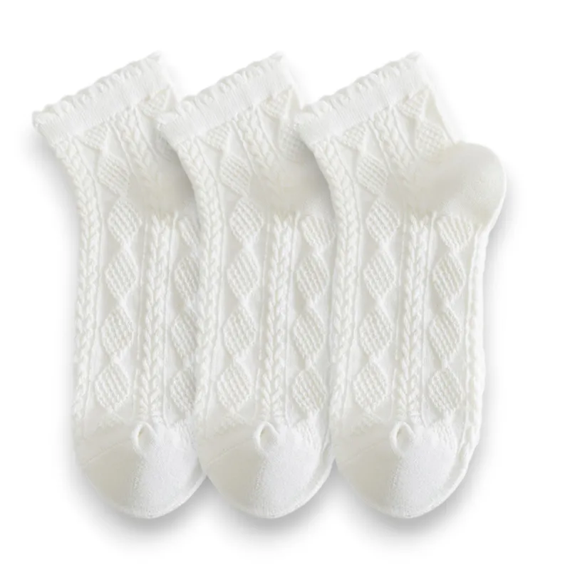 Anna-Kaci Women's 3 Pairs Textured Diamond Socks with Knitted Pattern and Scalloped Trim sold by Anna-Kaci