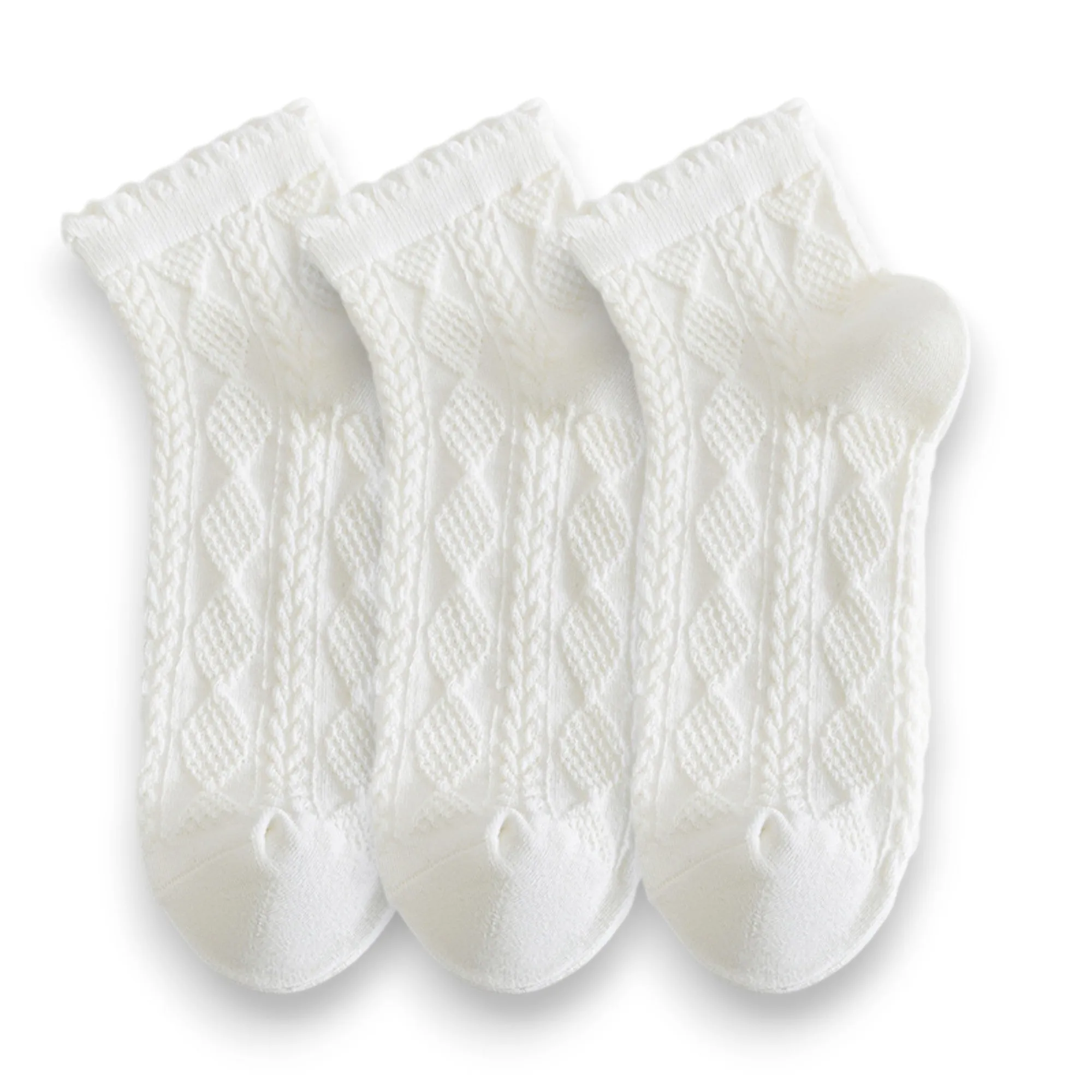 Anna-Kaci Women's 3 Pairs Textured Diamond Socks with Knitted Pattern and Scalloped Trim sold by Anna-Kaci