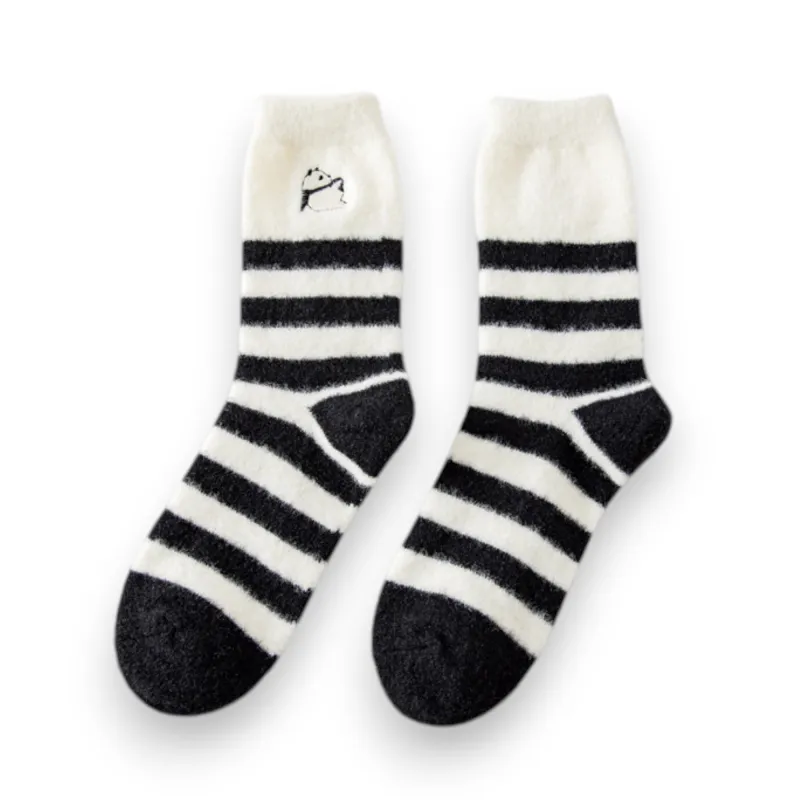 Anna-Kaci 3-Pair Plush Home Socks Striped Panda Design Cozy Crew Style for Everyday Comfort sold by Anna-Kaci
