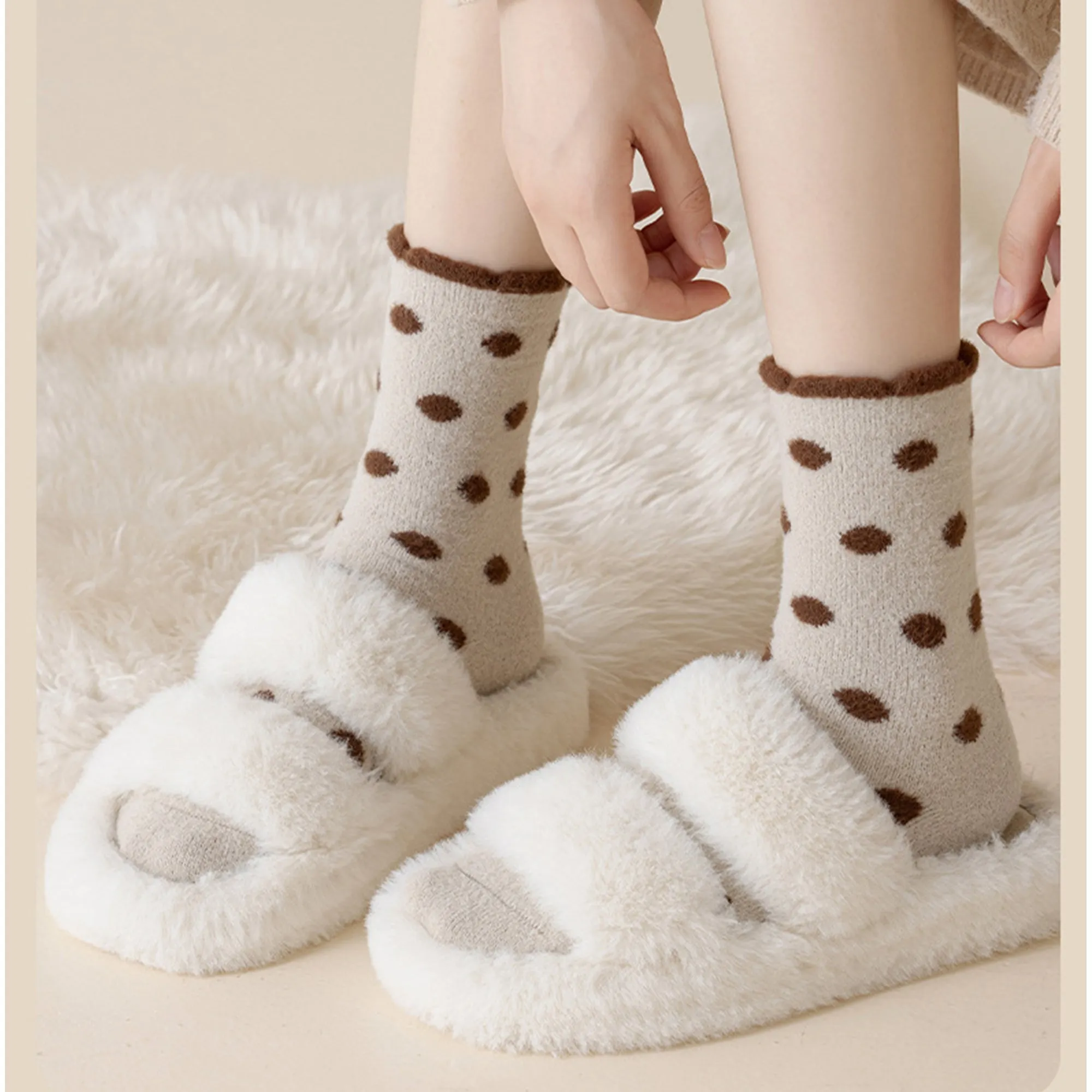 Anna-Kaci 3 Pairs Women's Plush Crew Socks with Polka Dot Pattern and Thick Fleece Lining sold by Anna-Kaci product image thumbnail 2